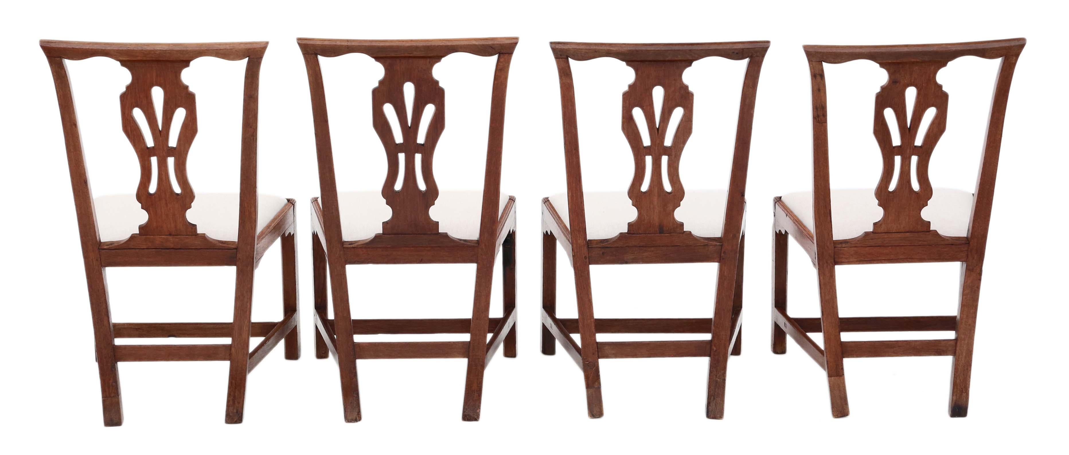 Antique quality set of 4 Georgian oak dining chairs C1790.

No loose joints.

New professional upholstery.

Overall maximum dimensions: 53cmW x 47cmD x 93cmH (46cmH seat when sat on)

Good very antique condition with minor historic knocks,