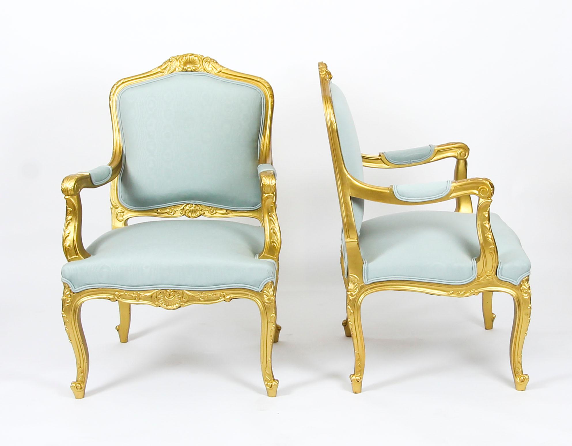 This is a superb set of four antique Louis XVI revival giltwood fauteuils or open armchairs, circa 1880 in date. 

The giltwood is beautiful in colour, each chair features a shell carved crested toprail with acanthus clasped arm padded supports.