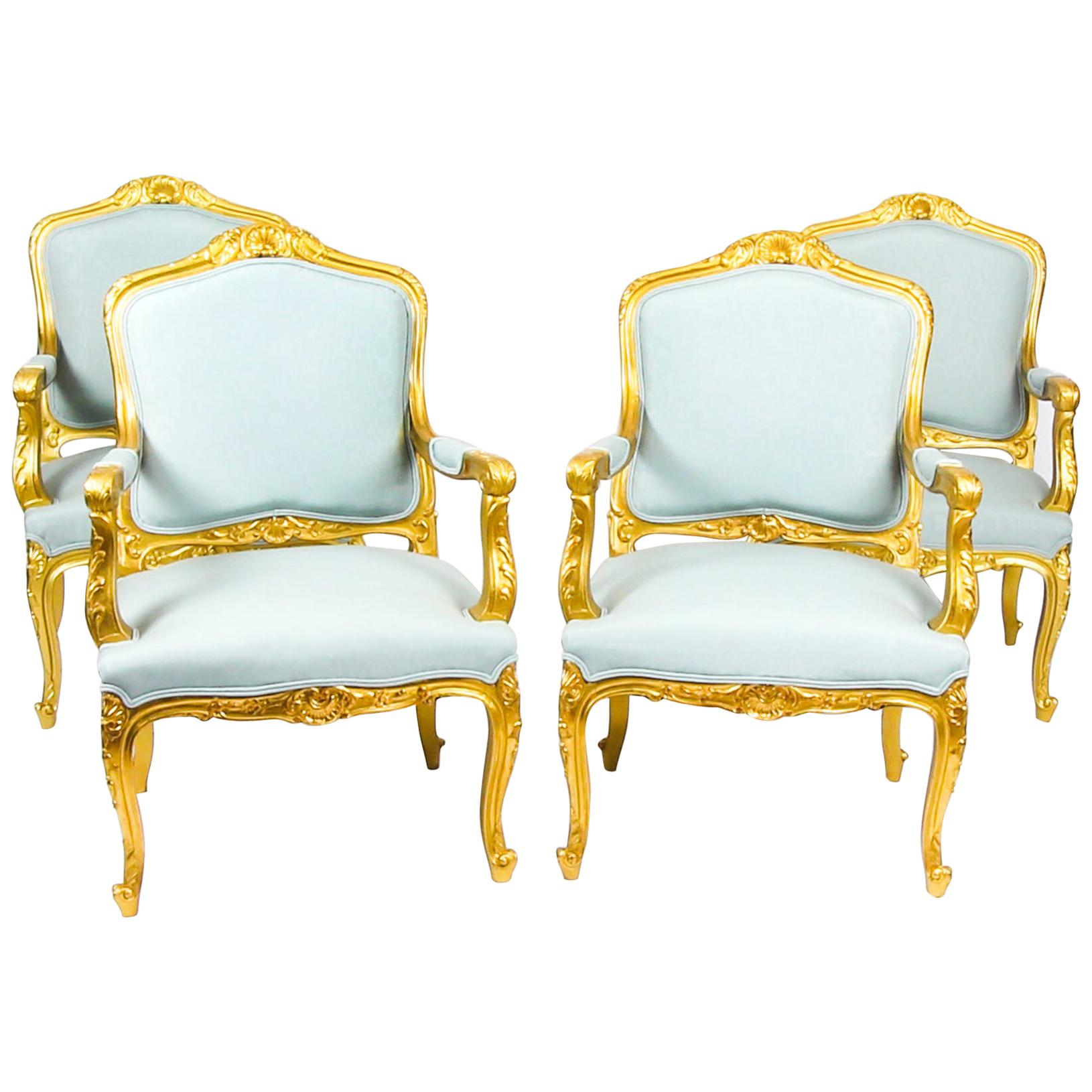 Antique Set of 4 Louis Revival French Giltwood Armchairs, 19th Century