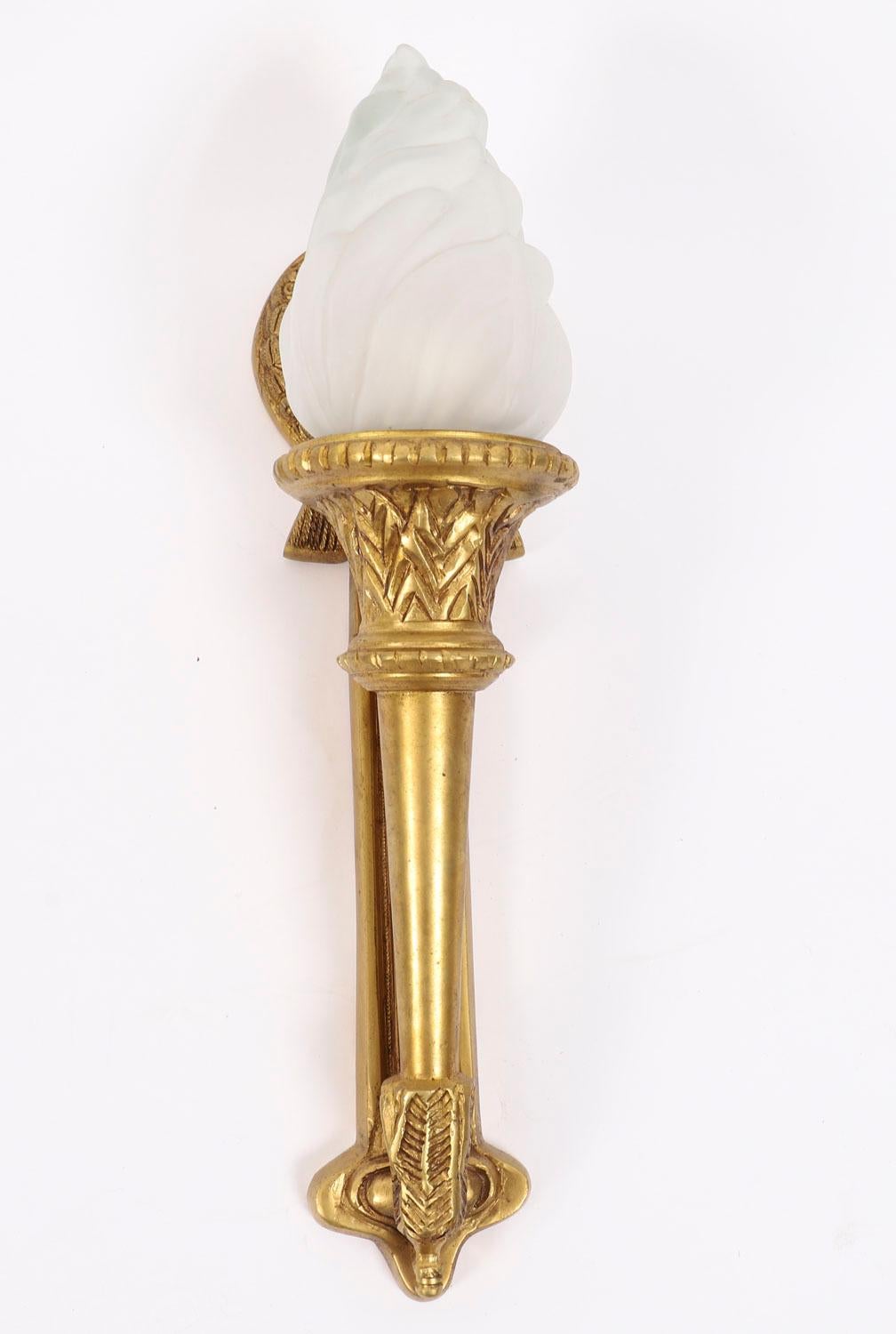 Frosted Antique Set of 4 Neo-Classical Ormolu Flaming Torch Wall Lights 20th Century For Sale