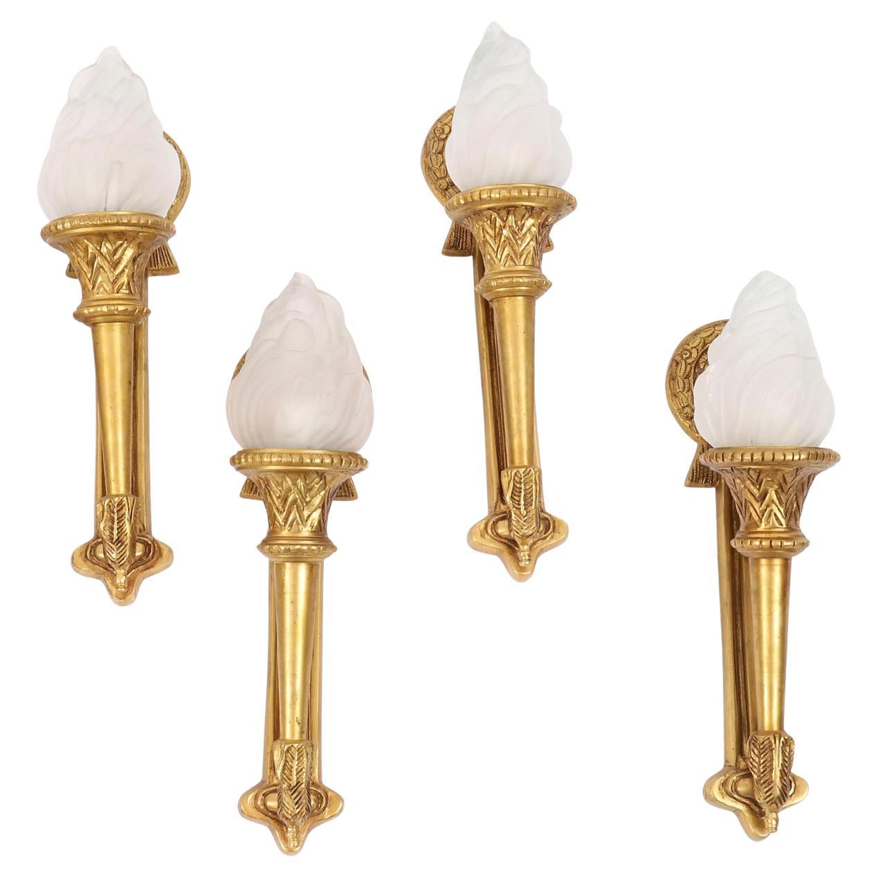 Antique Set of 4 Neo-Classical Ormolu Flaming Torch Wall Lights 20th Century For Sale