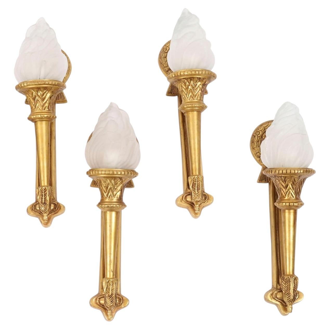Antique Set of 4 Neo-Classical Ormolu & Glass Wall Lights 20th Century