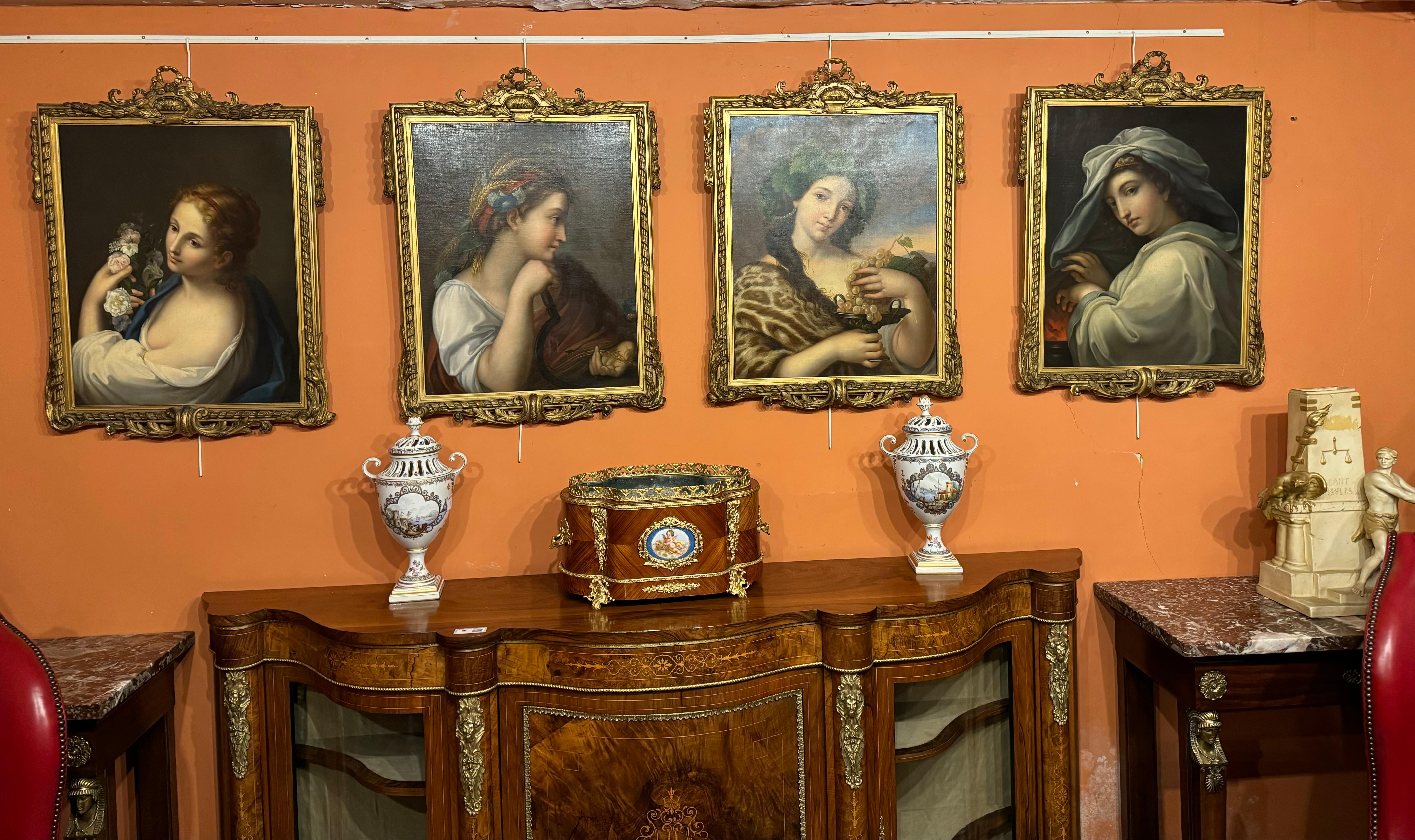 This is a magnificent set of four antique Italian oil on canvas paintings of the Four Seasons  by Guiseppe Mazzolini (1806 - 1876), signed.

These stunning paintings features four portraits of beautiful young women emblematic of the four