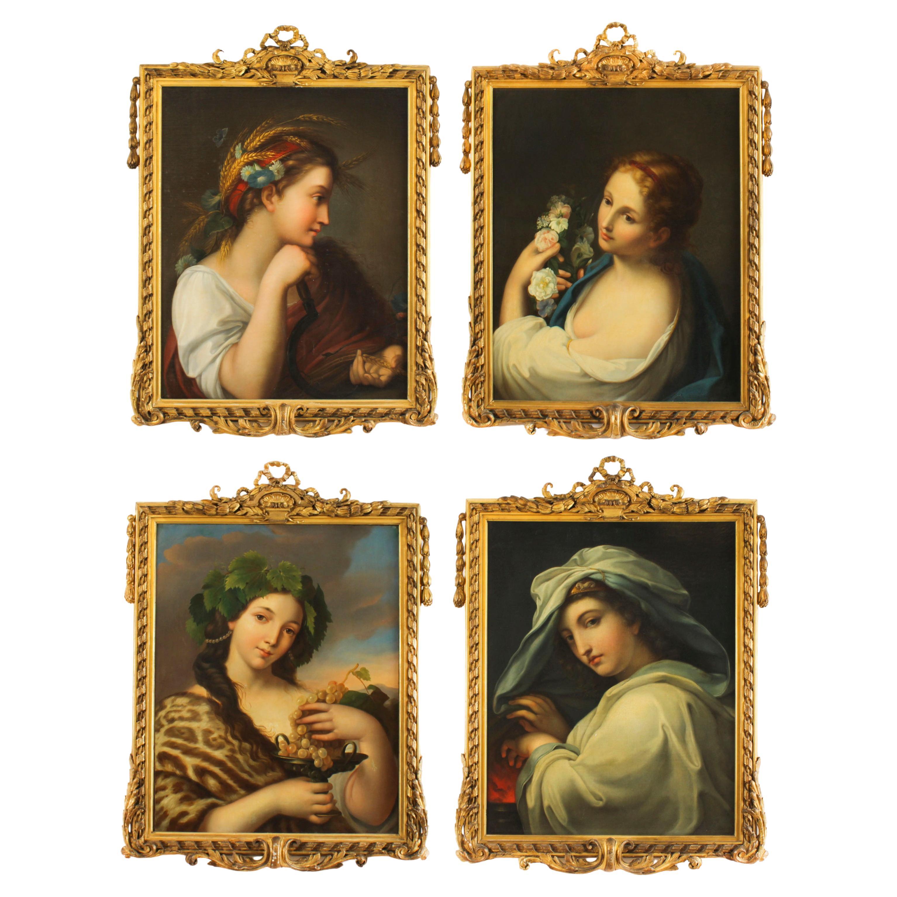 Antique Set of 4 Oil Paintings Four Seasons by Guiseppe Mazzolini 19th Century