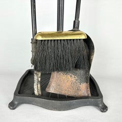 Antique Set Of 4-Piece Cast Iron Brass Fireplace Accessories And Forged St