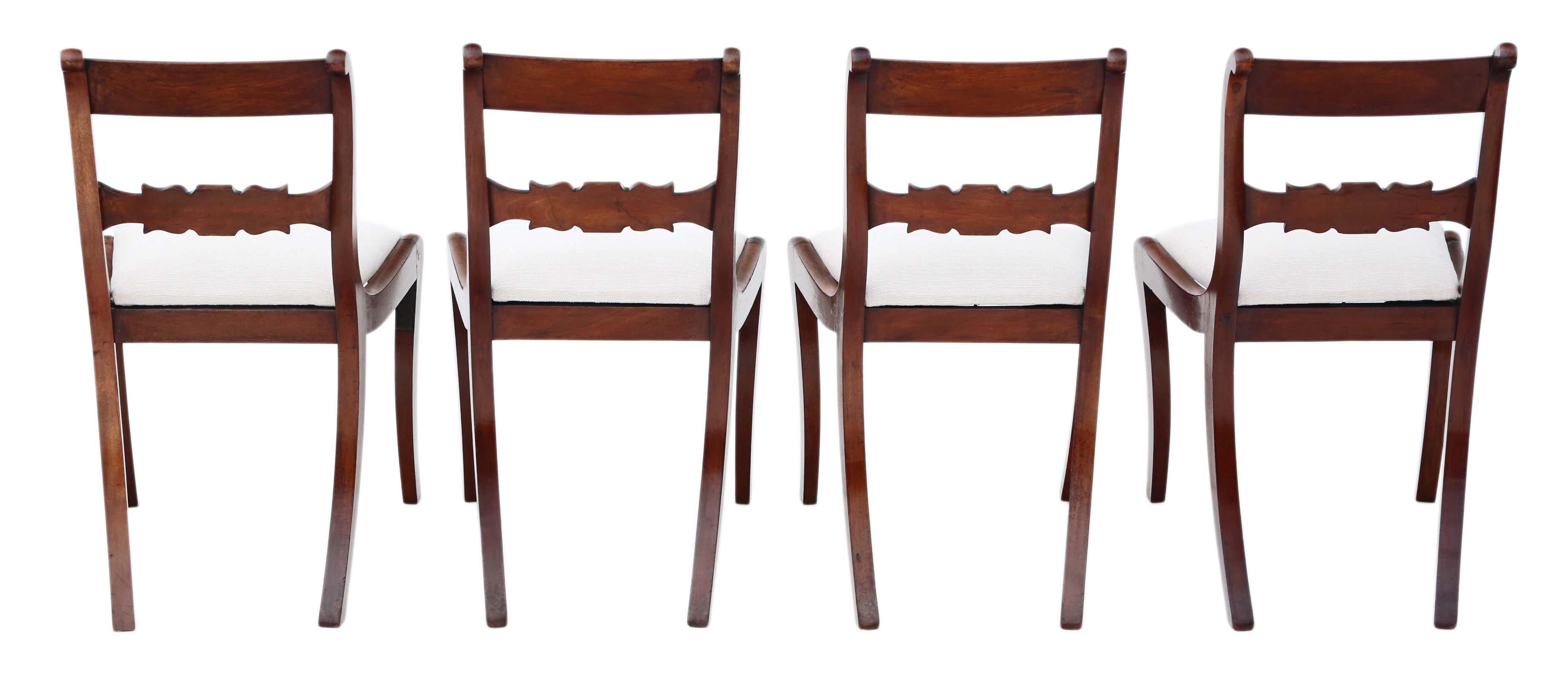 Antique quality set of 4 Regency mahogany dining chairs.

Date from circa 1825 with great sabre legs. A very rare find.

Solid, with no loose joints and no woodworm.

New upholstery in a heavy weight upholstery fabric, with an off-white