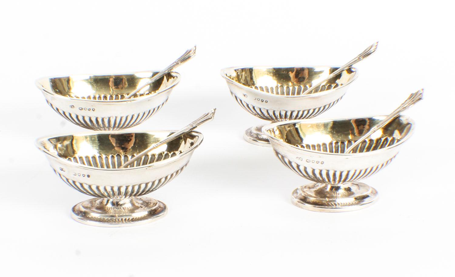 English Antique Set of 4 Silver Gilt Salts with Spoons Charles Boyton 1885, 19th Century