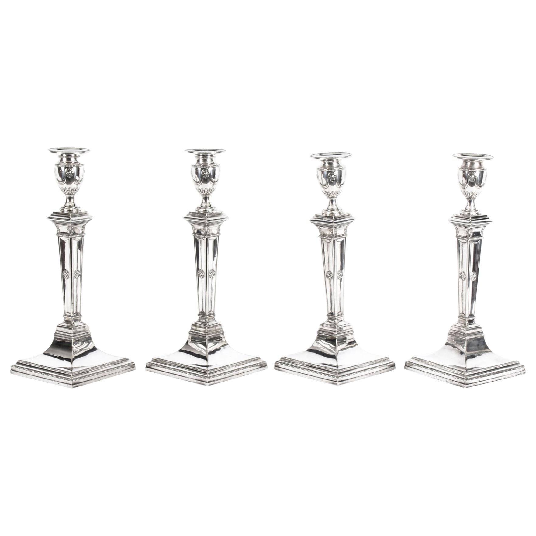 Antique Set of 4 Silver Plated Candlesticks by James Dixon & Sons, 19th Century
