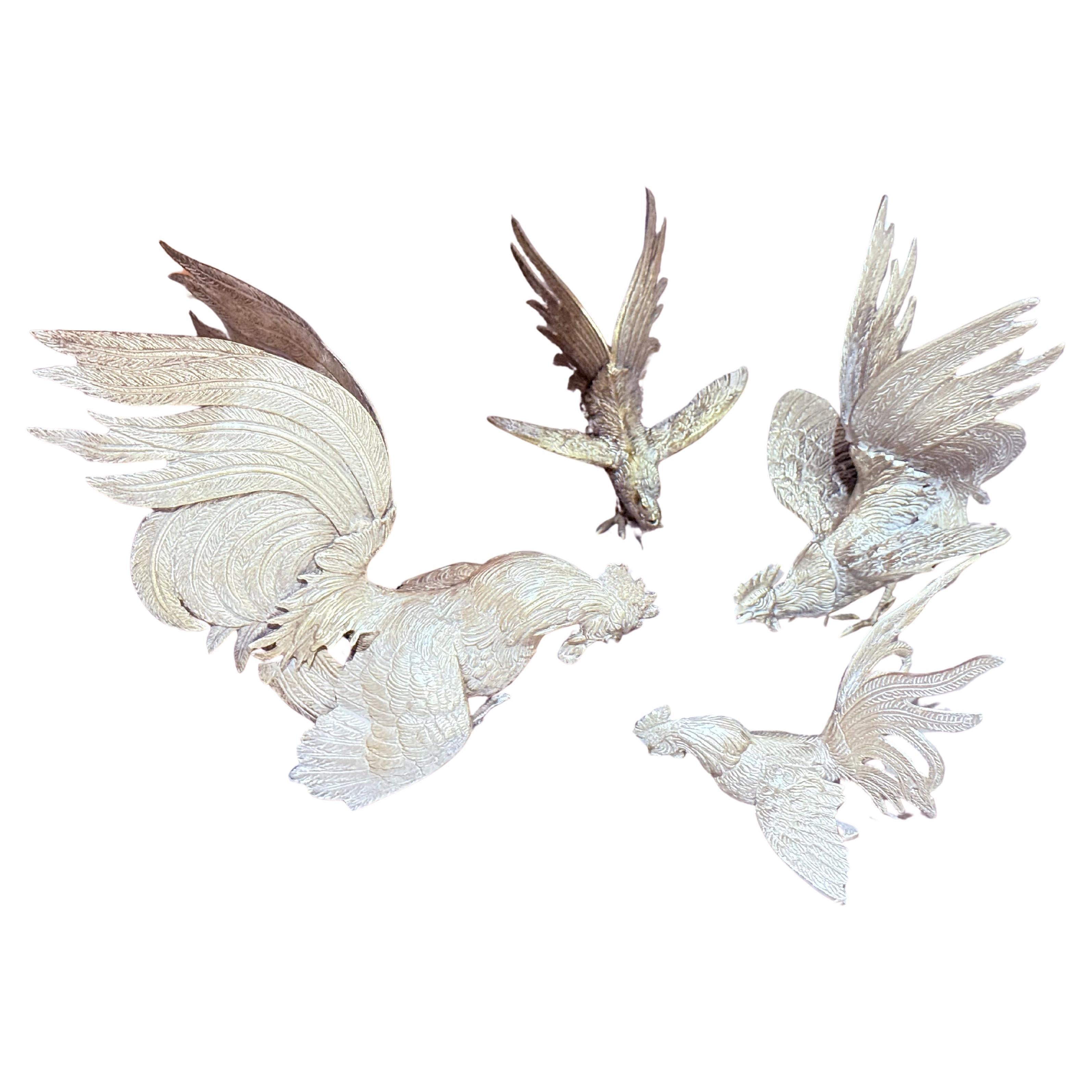 Antico set di 4 galli in argento, decorazione per la casa, figure di animali