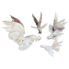 Antique Set of 4 Silver Rooster Stand, Decoration for Home Décor, Animal Figures