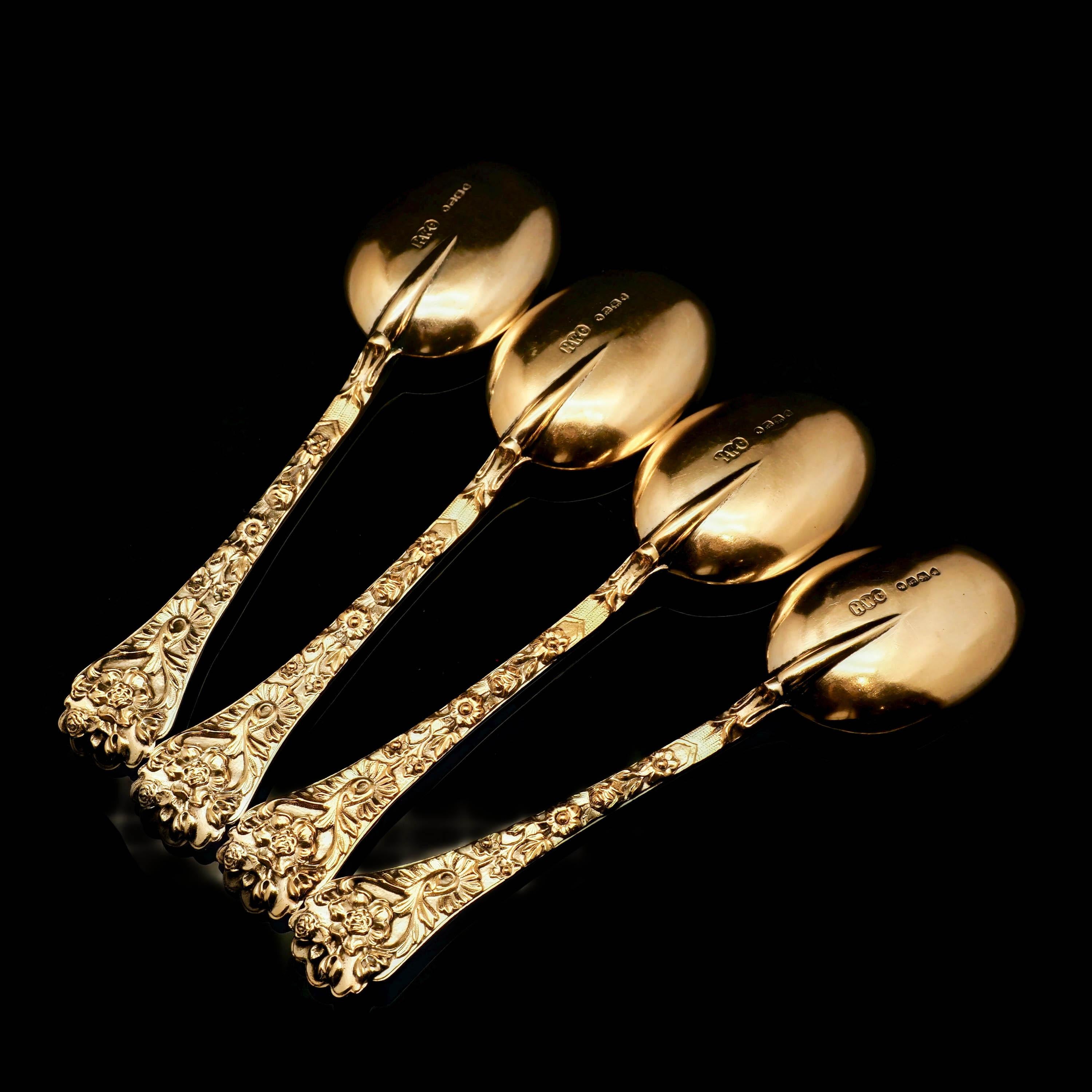 Antique Set of 4 Solid Silver Gilt Spoons Highly Embossed, Henry William Curry 3