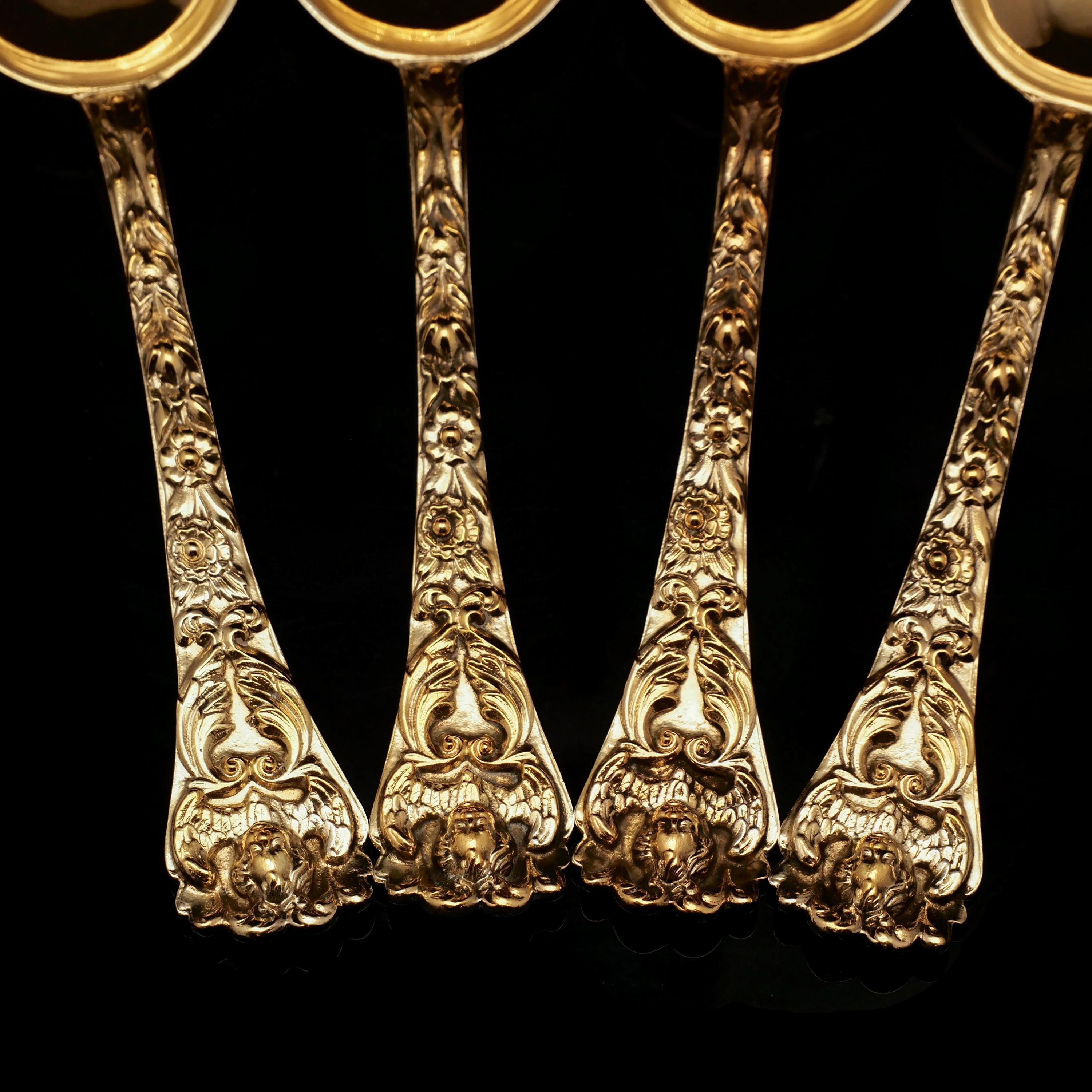 Antique Set of 4 Solid Silver Gilt Spoons Highly Embossed, Henry William Curry For Sale 5