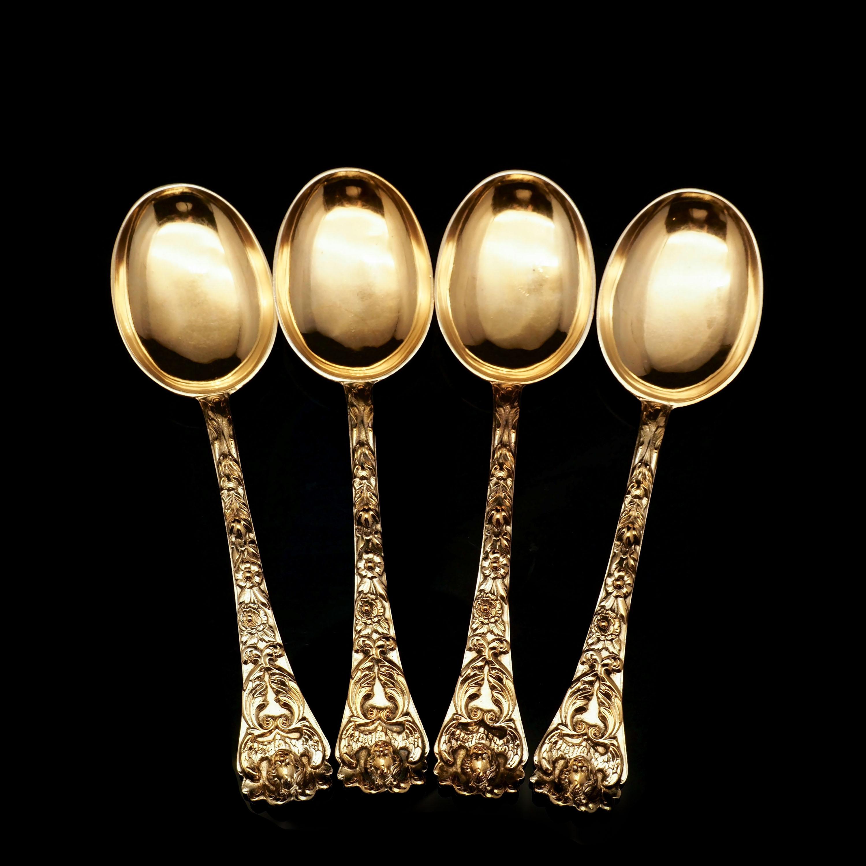 Antique Set of 4 Solid Silver Gilt Spoons Highly Embossed, Henry William Curry For Sale 6