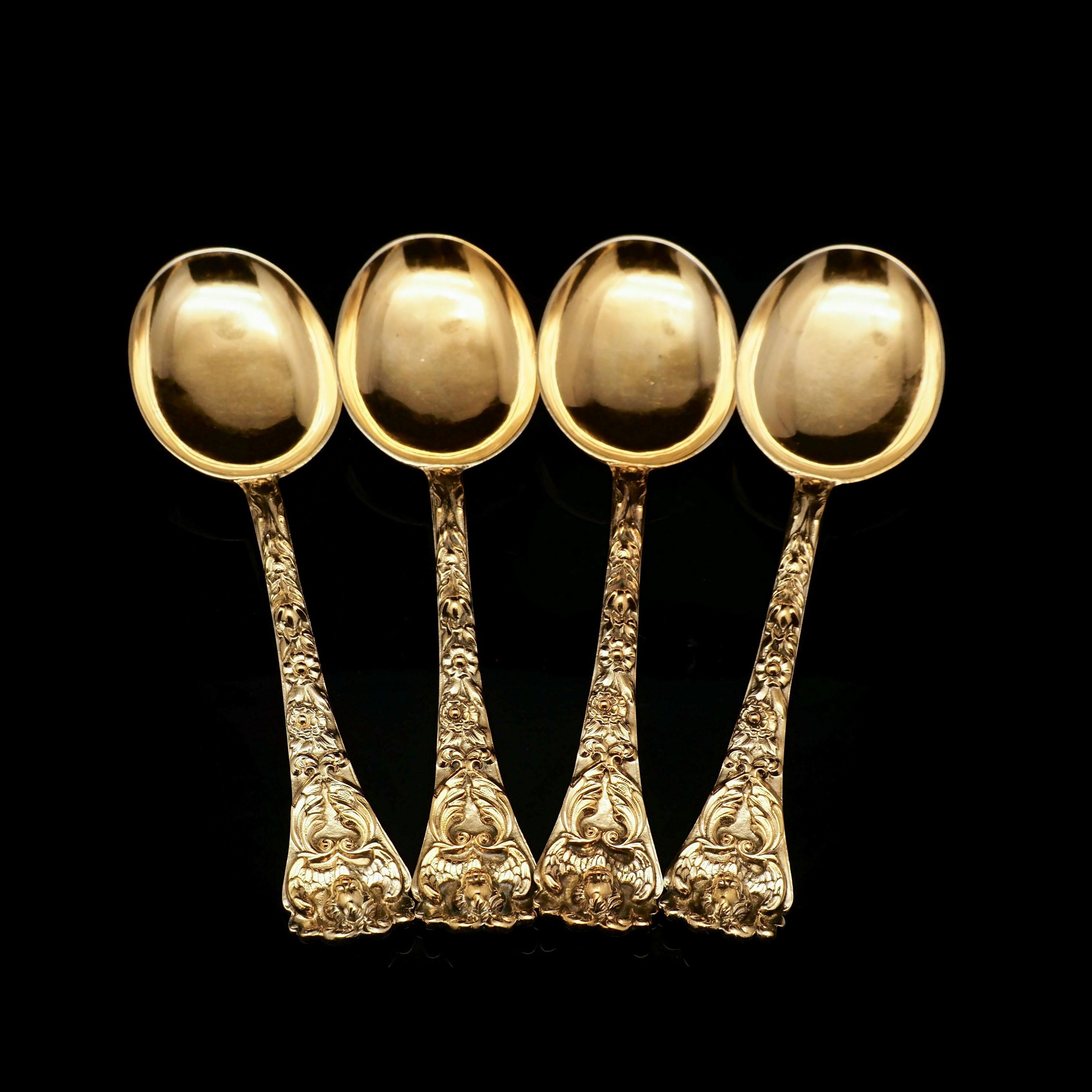 Antique Set of 4 Solid Silver Gilt Spoons Highly Embossed, Henry William Curry For Sale 7