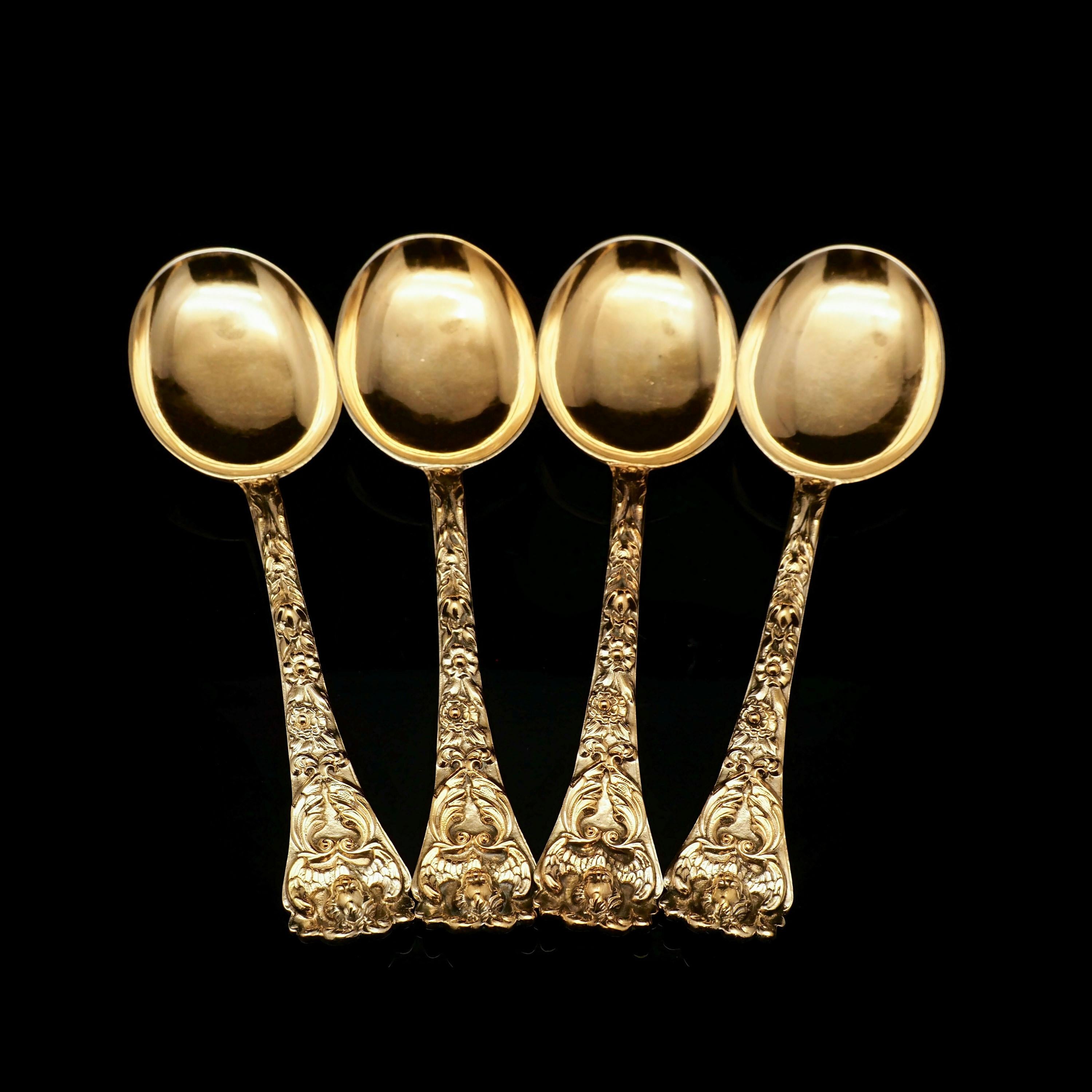 Antique Set of 4 Solid Silver Gilt Spoons Highly Embossed, Henry William Curry 7