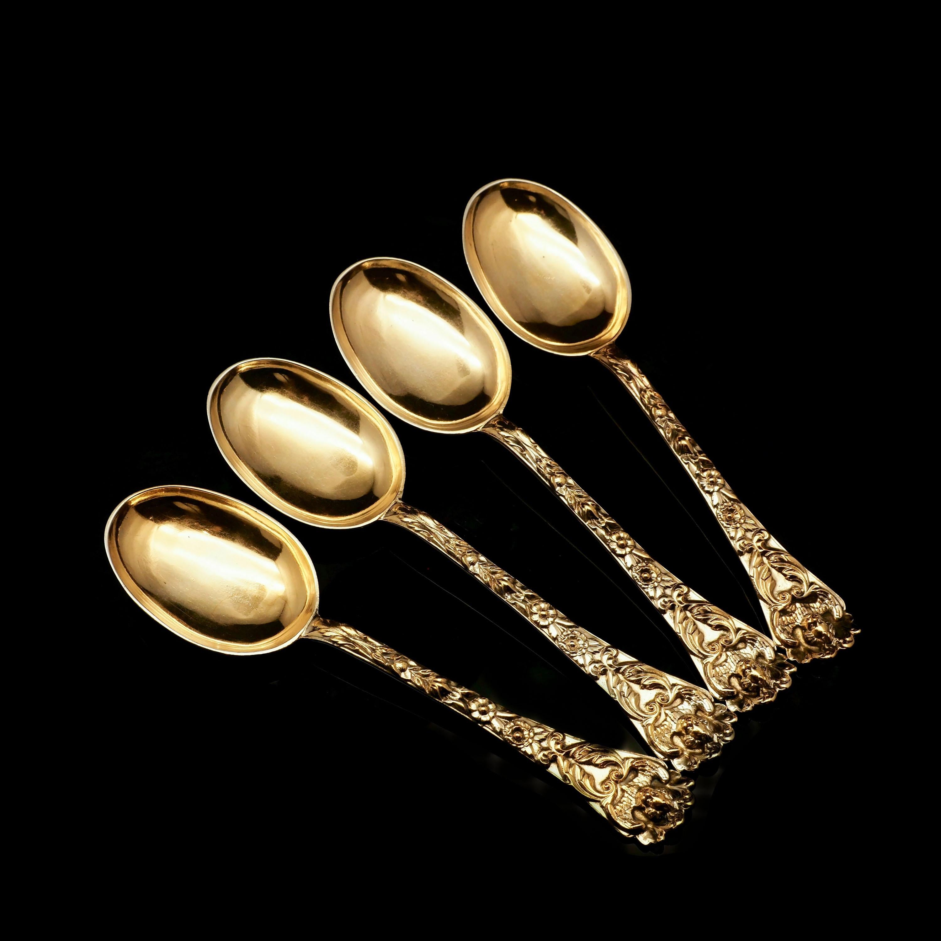 We are delighted to offer this magnificent set of four solid silver gilt spoons made by silversmith Henry William Curry in London, 1871.
 
All four spoons feature an excellent fully gilt (gold on solid silver) colour which remains in very good