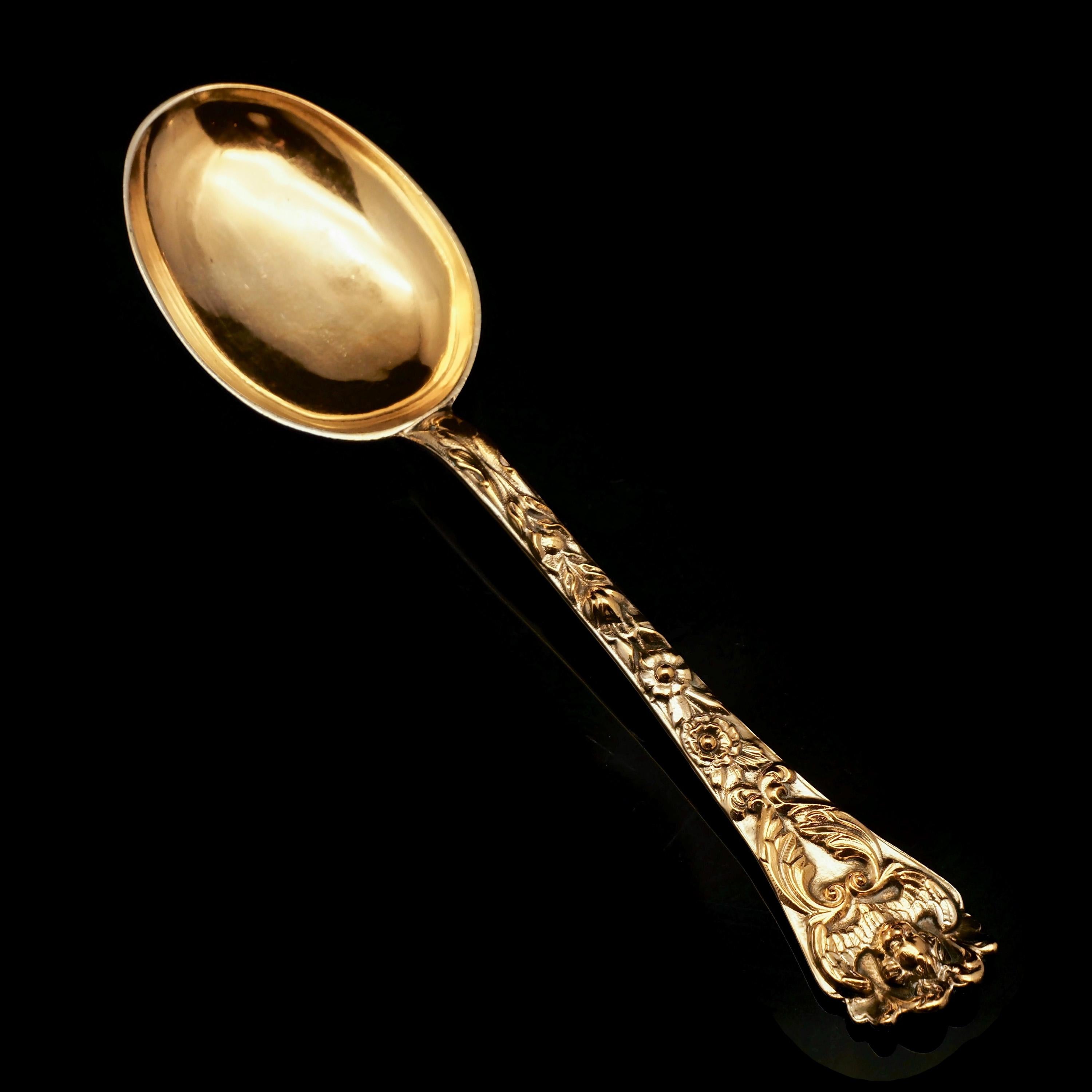 Victorian Antique Set of 4 Solid Silver Gilt Spoons Highly Embossed, Henry William Curry For Sale