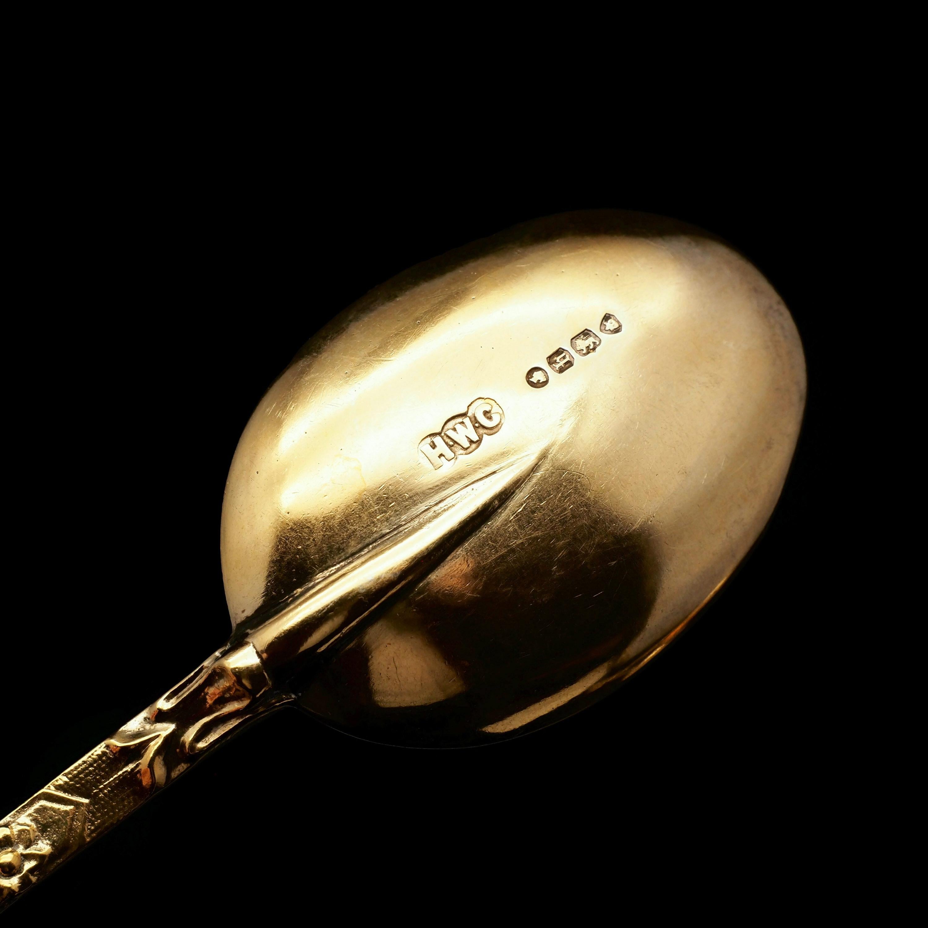 English Antique Set of 4 Solid Silver Gilt Spoons Highly Embossed, Henry William Curry