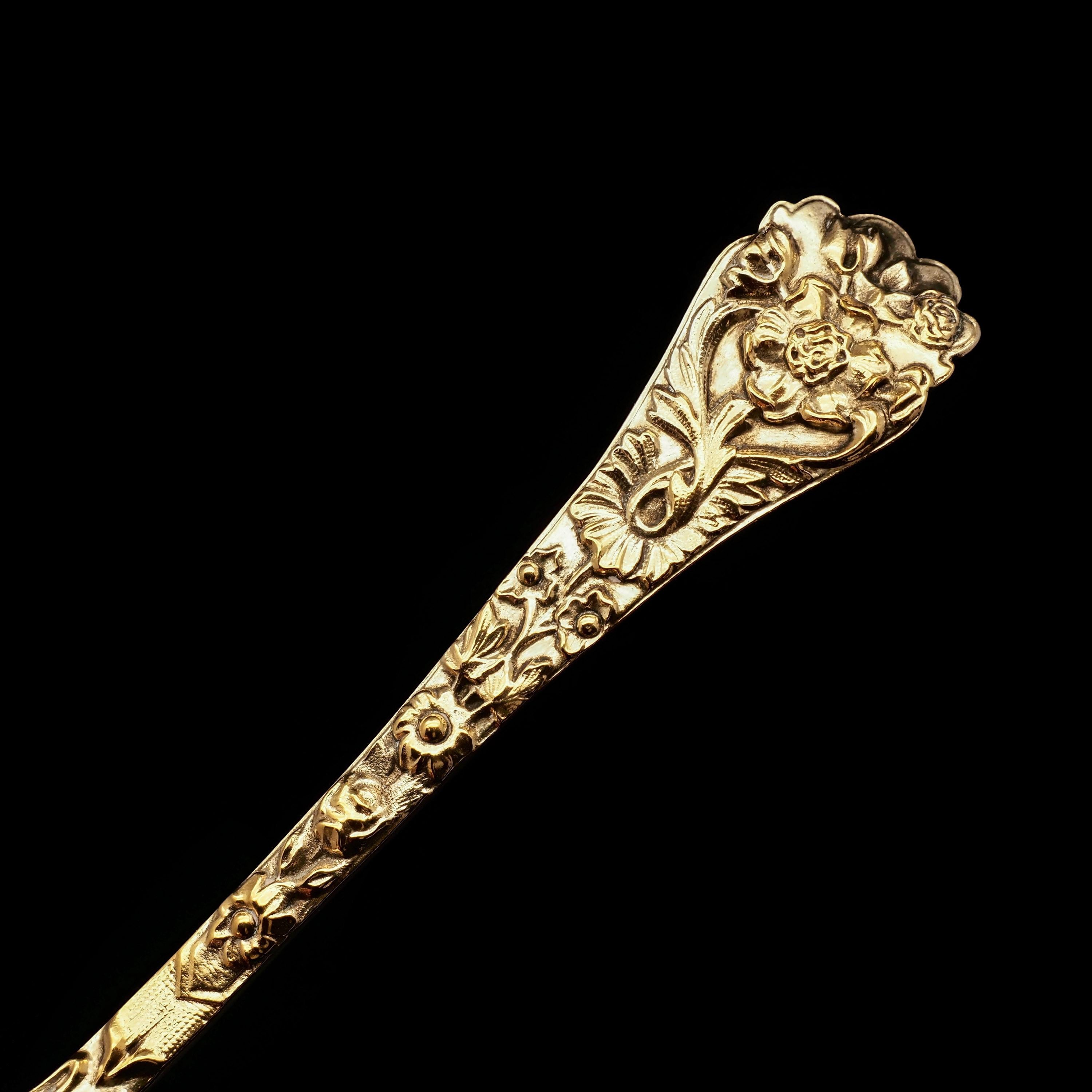 Vermeil Antique Set of 4 Solid Silver Gilt Spoons Highly Embossed, Henry William Curry