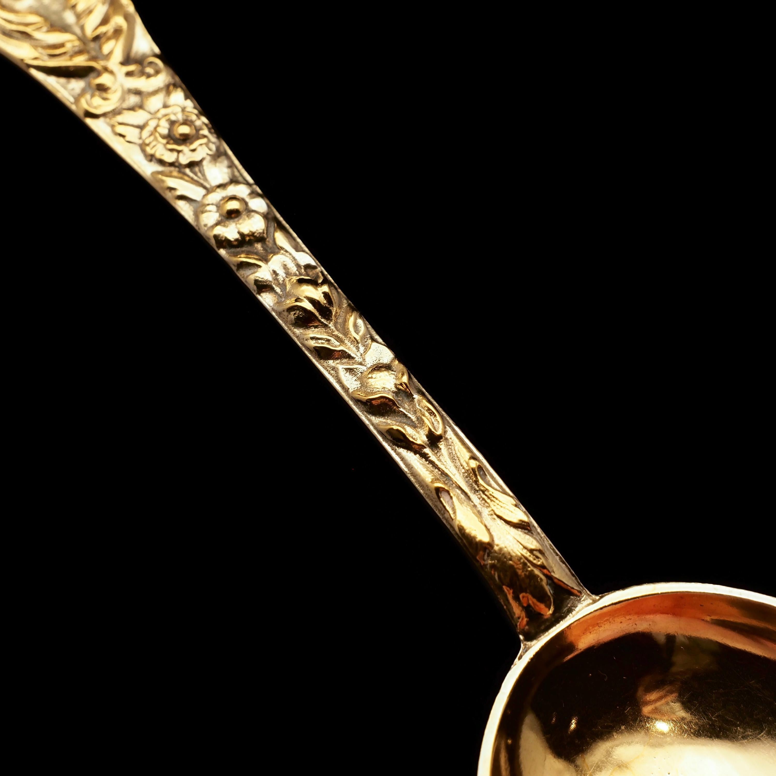 Antique Set of 4 Solid Silver Gilt Spoons Highly Embossed, Henry William Curry 1