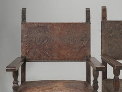 Antique Set of (4) Spanish Dining Chairs Tooled Leather Requiring Restoration