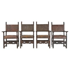 Antique Set of (4) Spanish Dining Chairs Tooled Leather Requiring Restoration