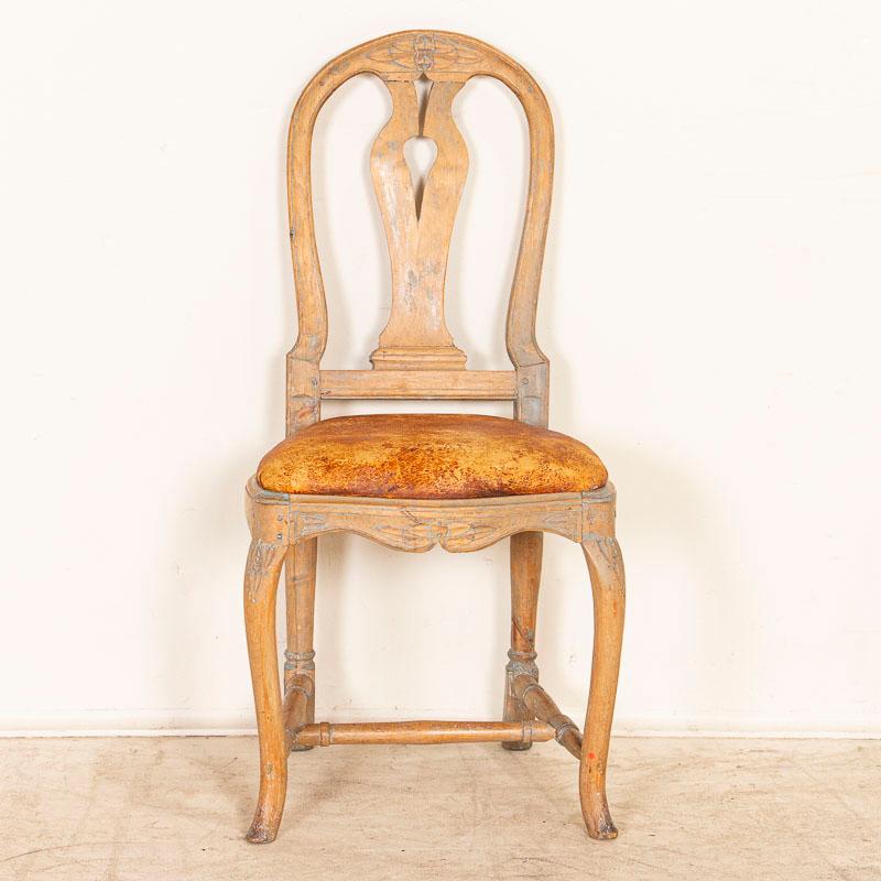 18th Century Antique Set of 4 Swedish Rococo Period Chairs with Vintage Leather Seats