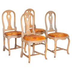 Antique Set of 4 Swedish Rococo Period Chairs with Vintage Leather Seats