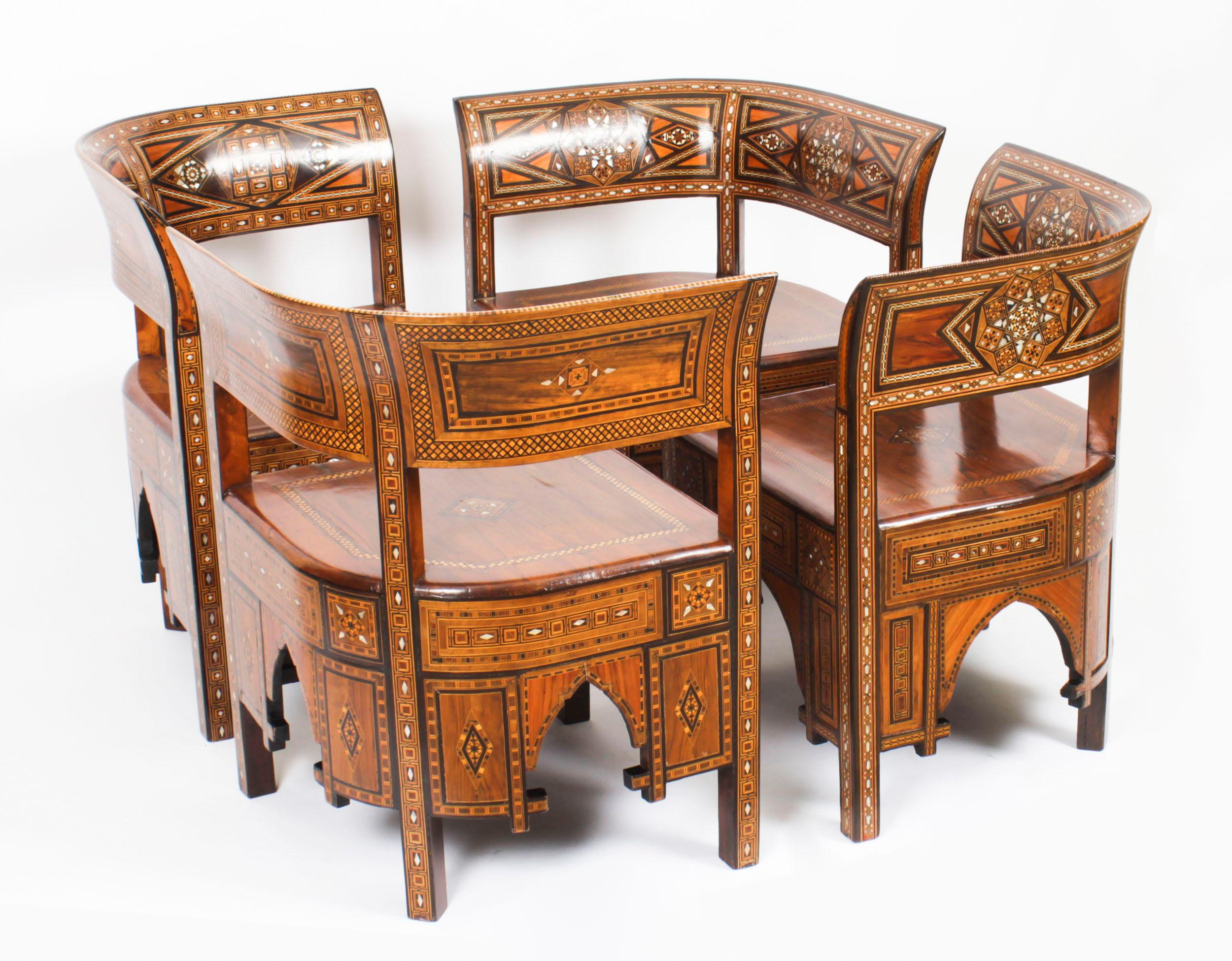 Antique Set of 4 Syrian Parquetry Inlaid Armchairs, Early 20th Century For Sale 14
