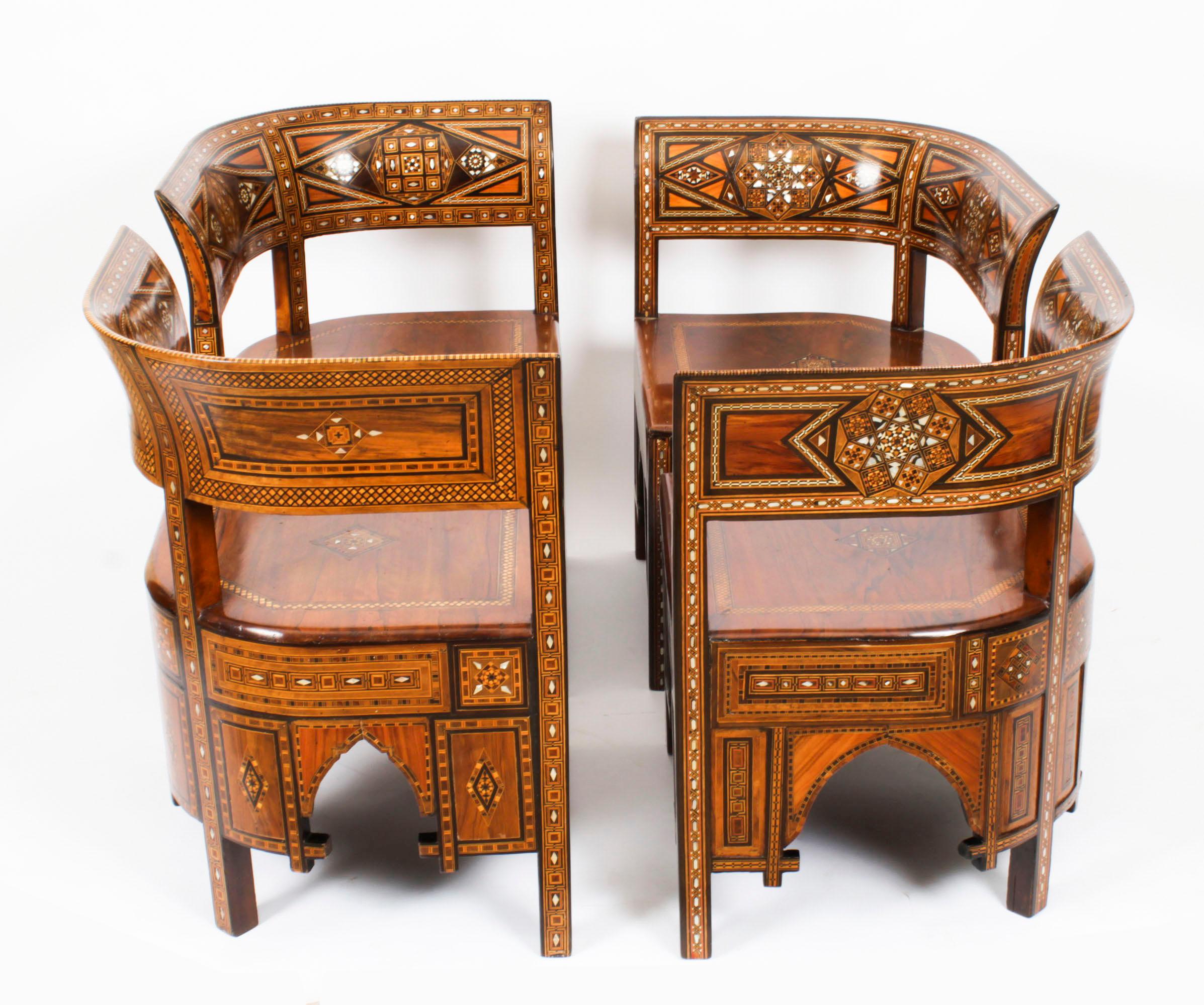 Antique Set of 4 Syrian Parquetry Inlaid Armchairs, Early 20th Century For Sale 15