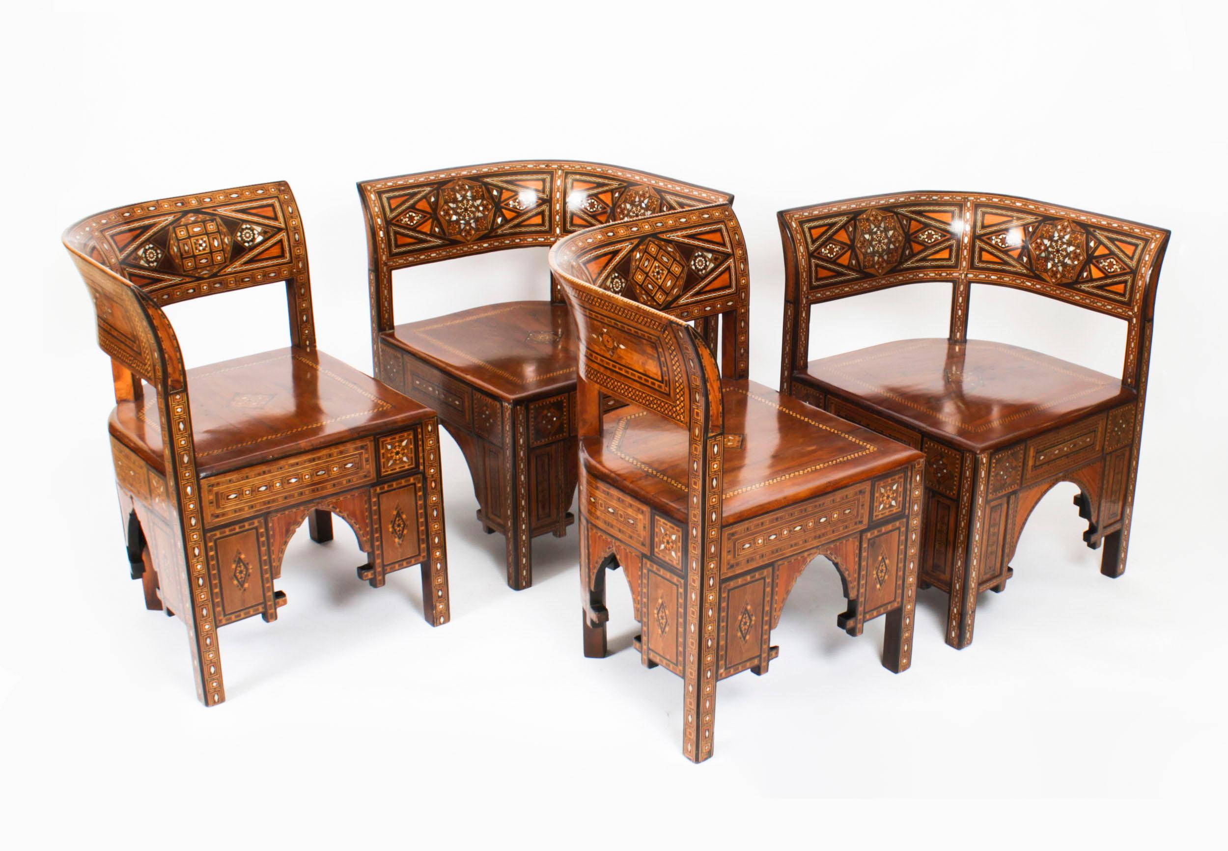 Antique Set of 4 Syrian Parquetry Inlaid Armchairs, Early 20th Century For Sale 16