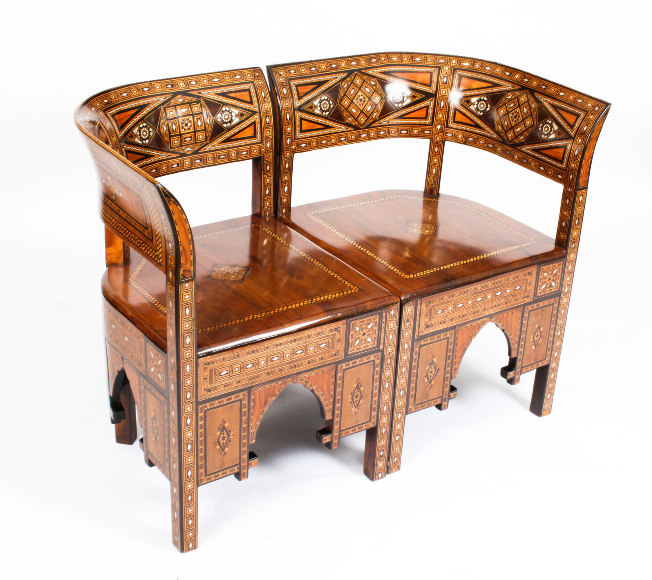Hardwood Antique Set of 4 Syrian Parquetry Inlaid Armchairs, Early 20th Century For Sale