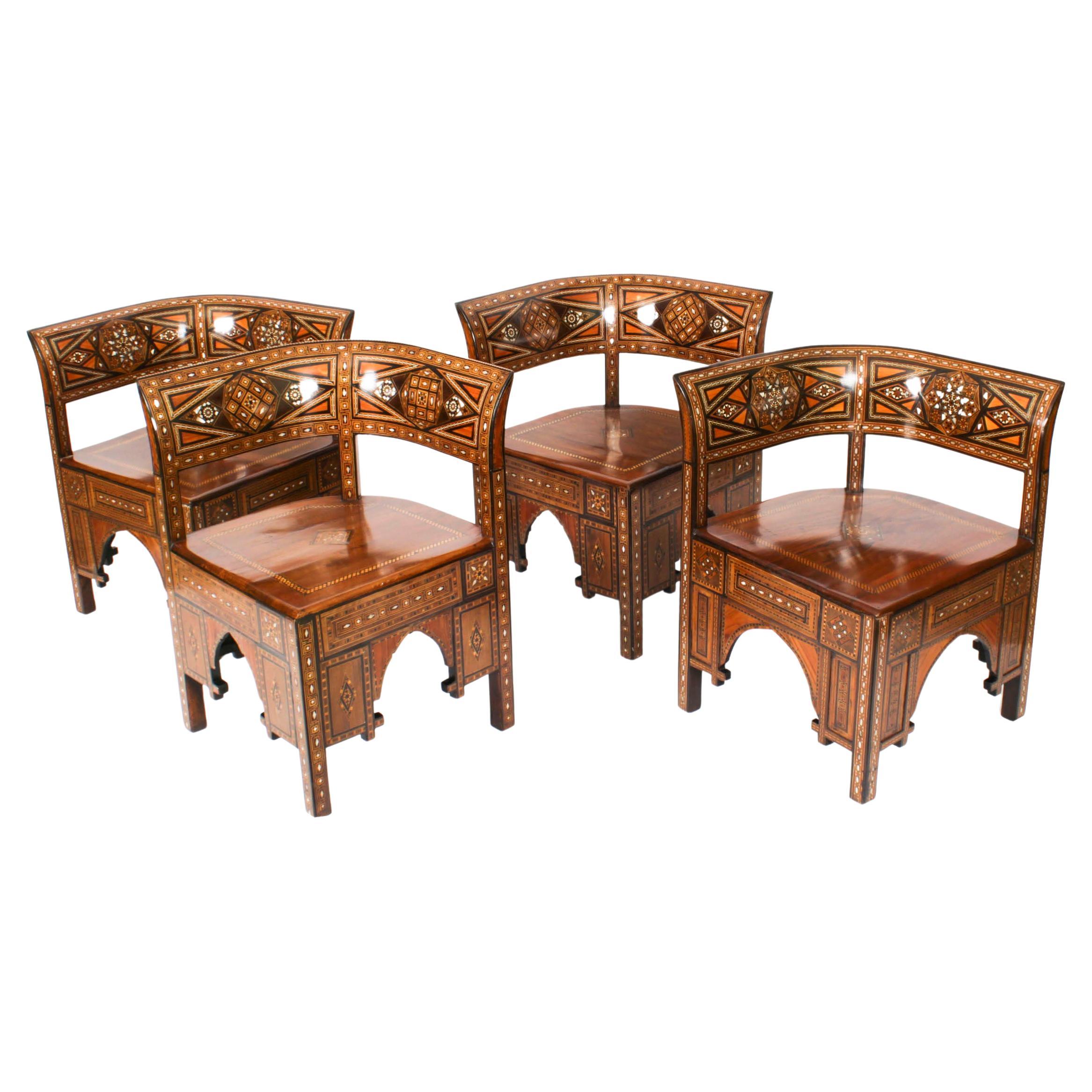 Antique Set of 4 Syrian Parquetry Inlaid Armchairs, Early 20th Century For Sale