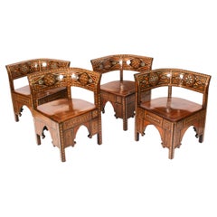 Antique Set of 4 Syrian Parquetry Inlaid Armchairs, Early 20th Century