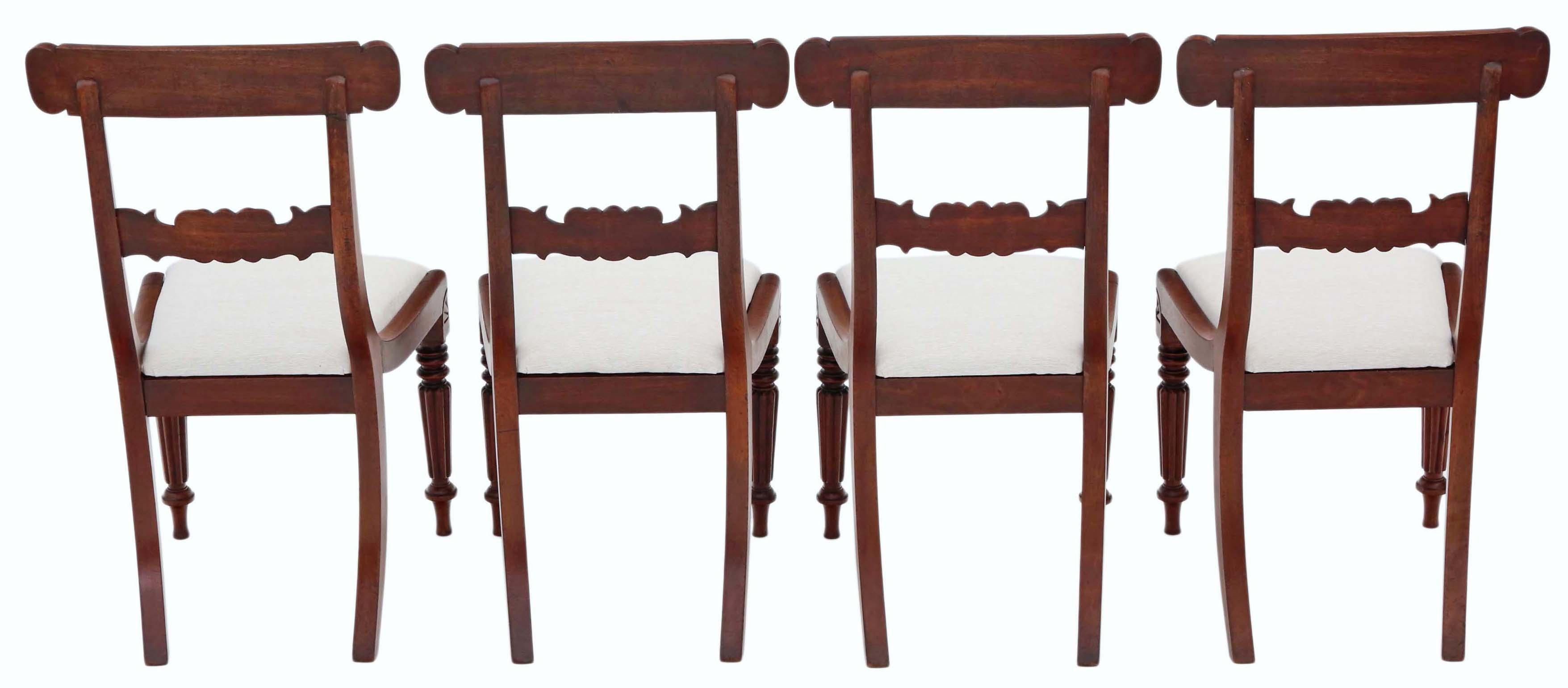 Antique set of 4 William IV carved mahogany dining chairs dating back to approximately 1835, featuring impressive melon-fluted legs.

These chairs are robust, substantial, and well-crafted with no loose joints. Recently upholstered in a durable,