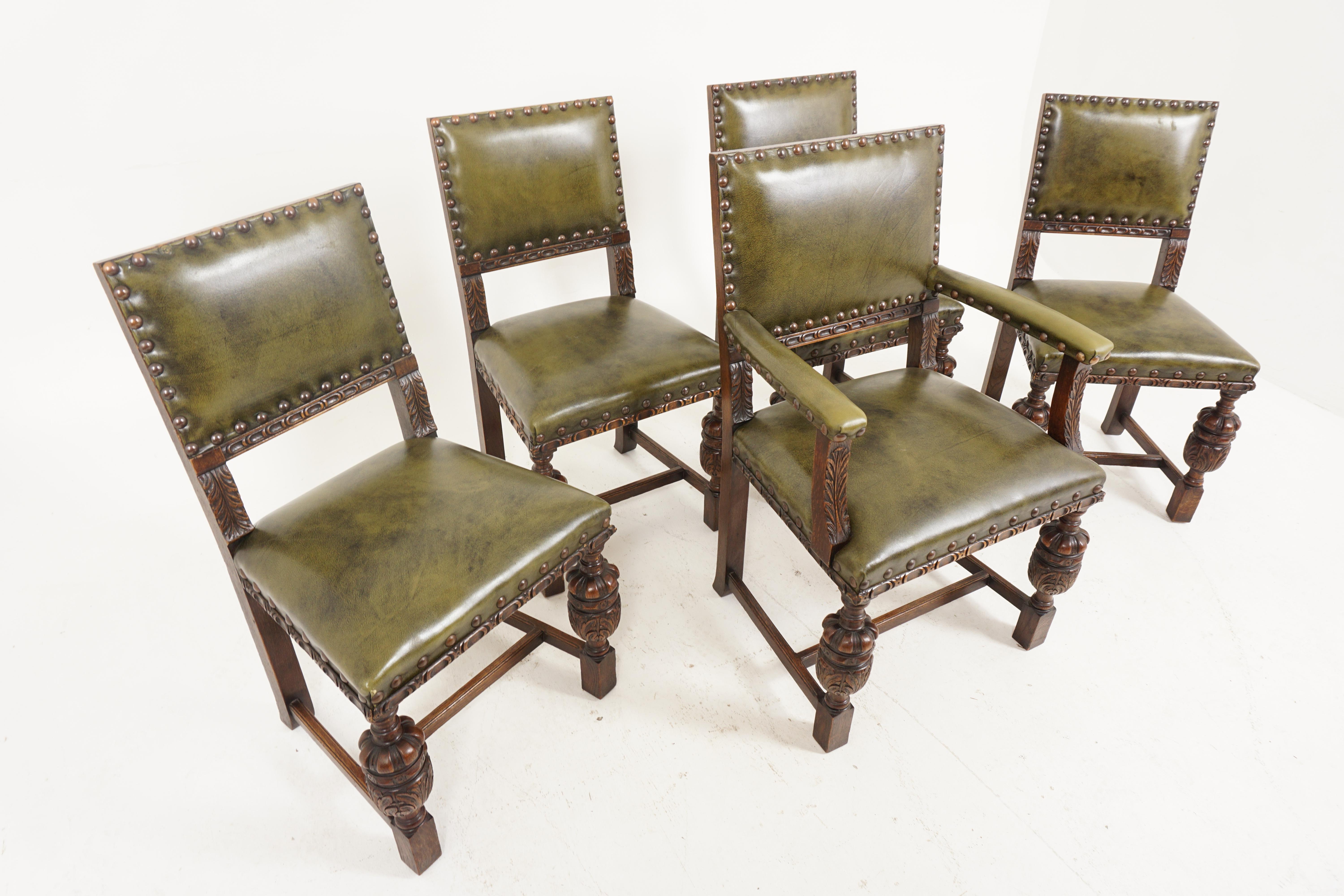 Antique set of 5 carved oak upholstered dining chairs, Scotland 1920, B2626A

Scotland 1920
Solid oak and leather
Original finish
Upholstered back with original studs
Large upholstered seat with carved moulding on 3 sides
Standing on large