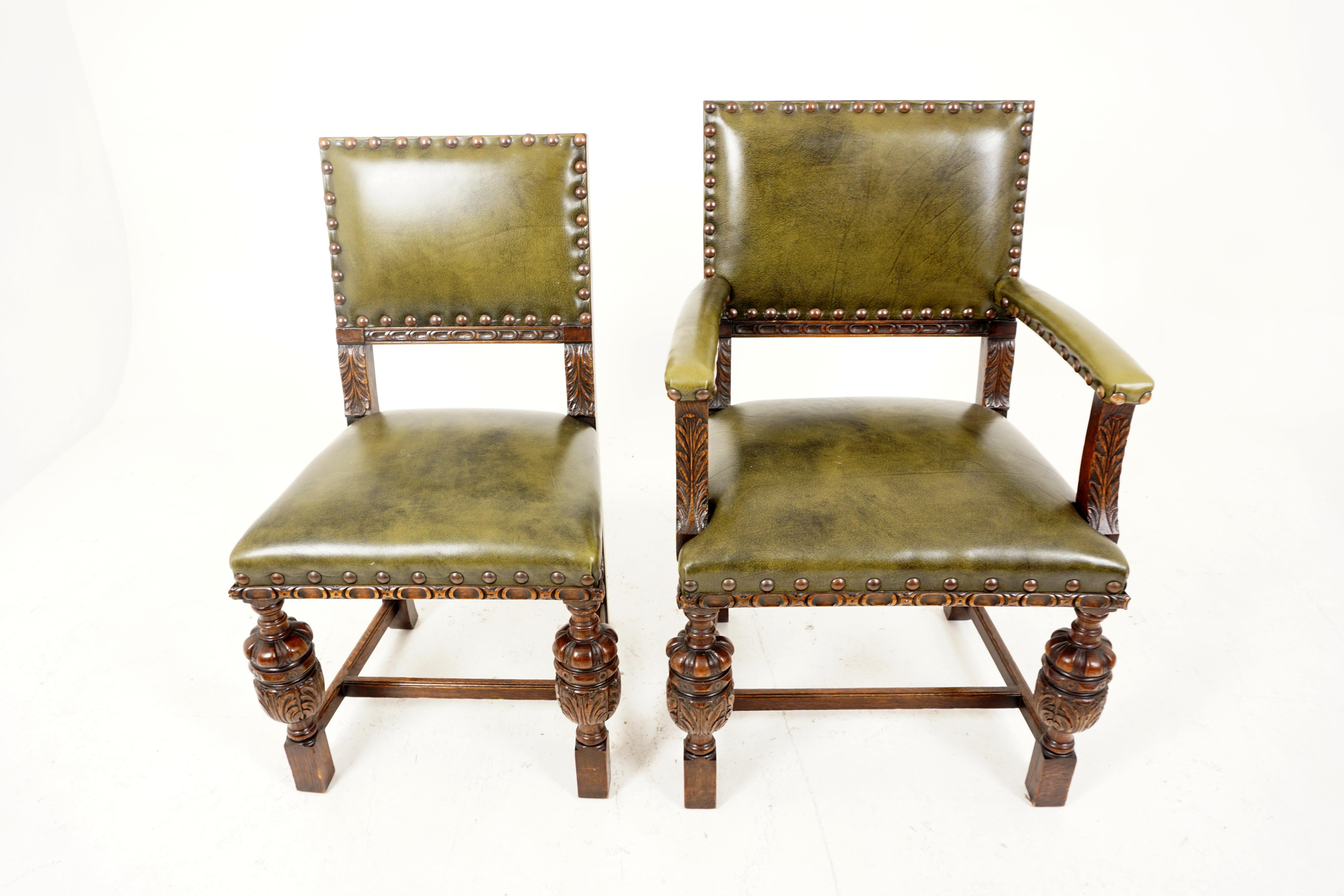 Hand-Crafted Antique Set of 5 Carved Oak Upholstered Dining Chairs, Scotland 1920, B2626A
