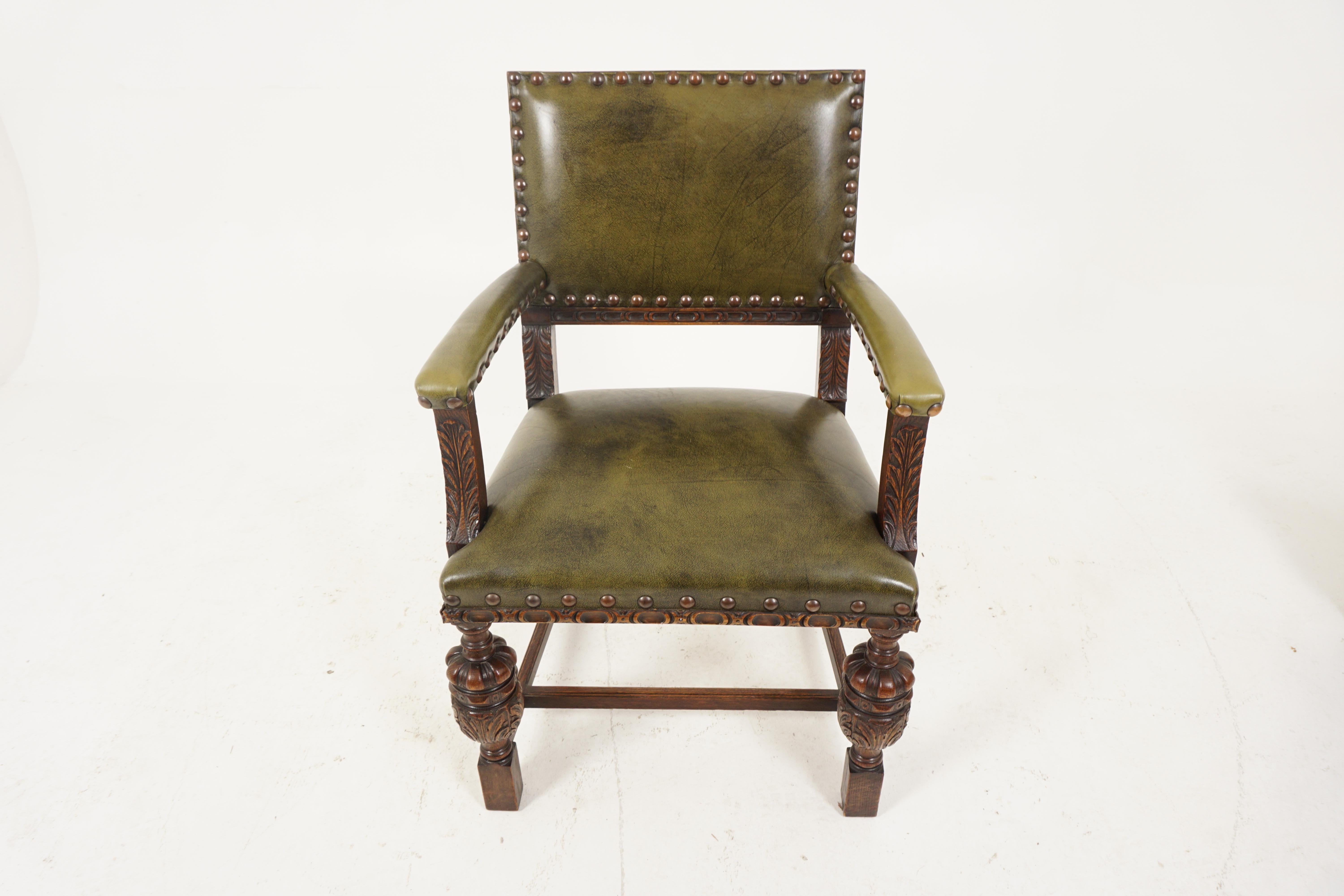 Antique Set of 5 Carved Oak Upholstered Dining Chairs, Scotland 1920, B2626A In Good Condition In Vancouver, BC