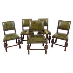 Antique Set of 5 Carved Oak Upholstered Dining Chairs, Scotland 1920, B2626A