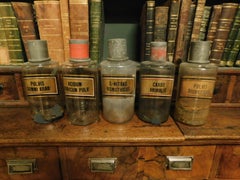 Antique Set of 5 Glass Pharmacy Jars, Bottle, Spices, Written Latin, 1800 Italy