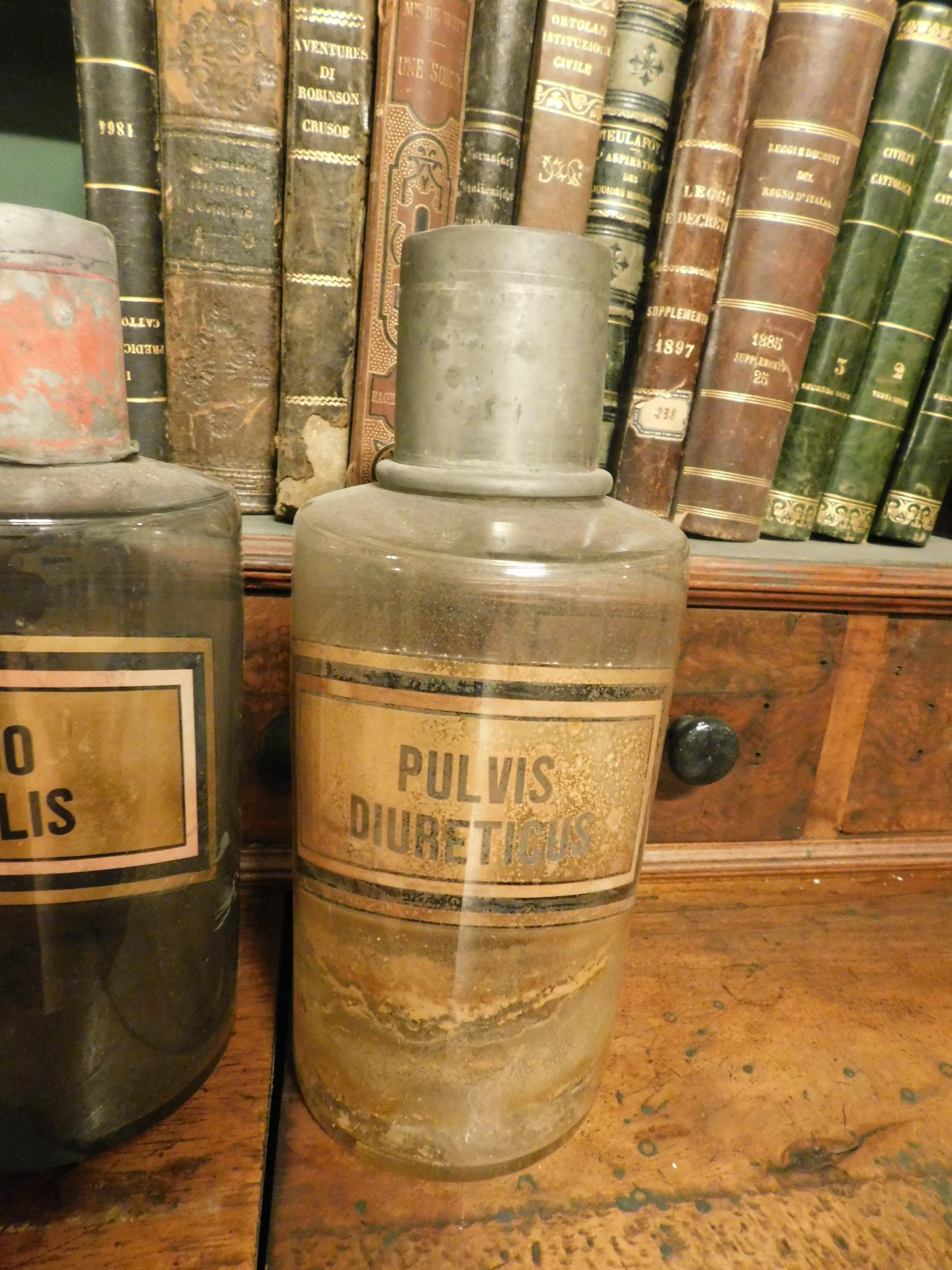 Antique Set of 5 Glass Pharmacy Jars, Bottle, Spices, Written Latin, 1800 Italy 1