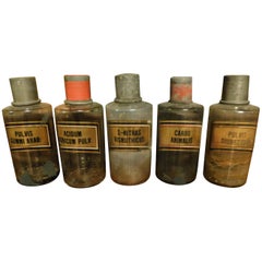 Antique Set of 5 Glass Pharmacy Jars, Bottle, Spices, Written Latin, 1800 Italy