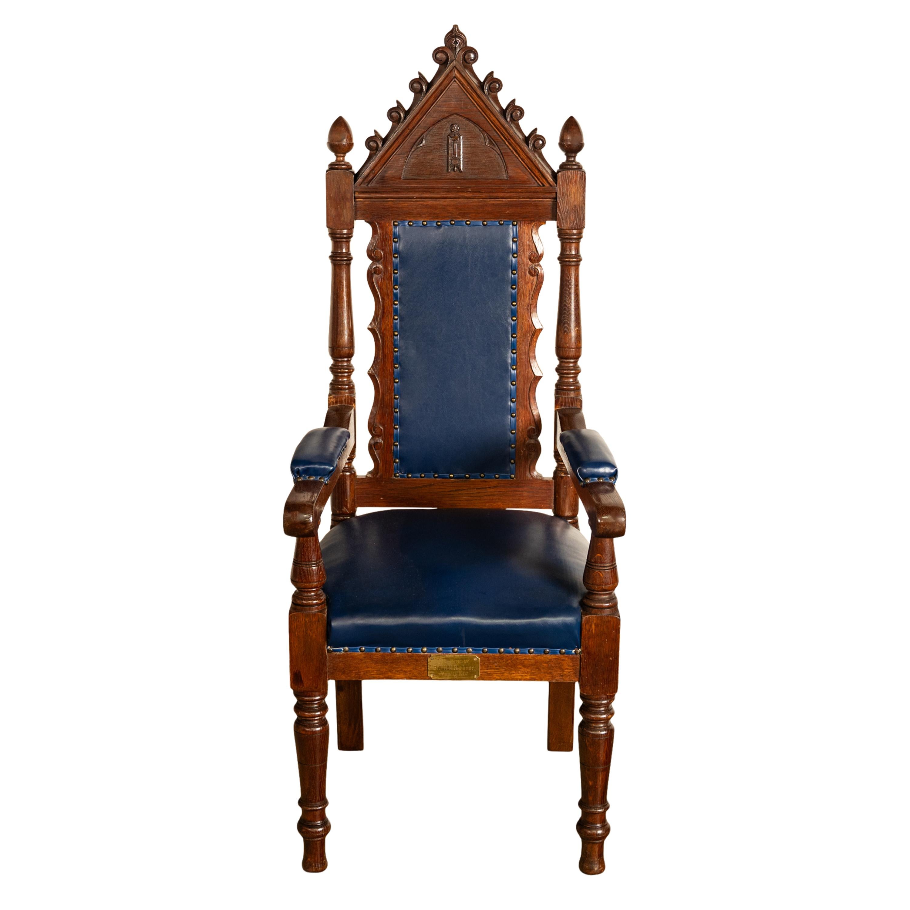 Antique Set of 5 Gothic Revival Irish Masonic Oak & Leather Throne Chairs 1900 For Sale 2