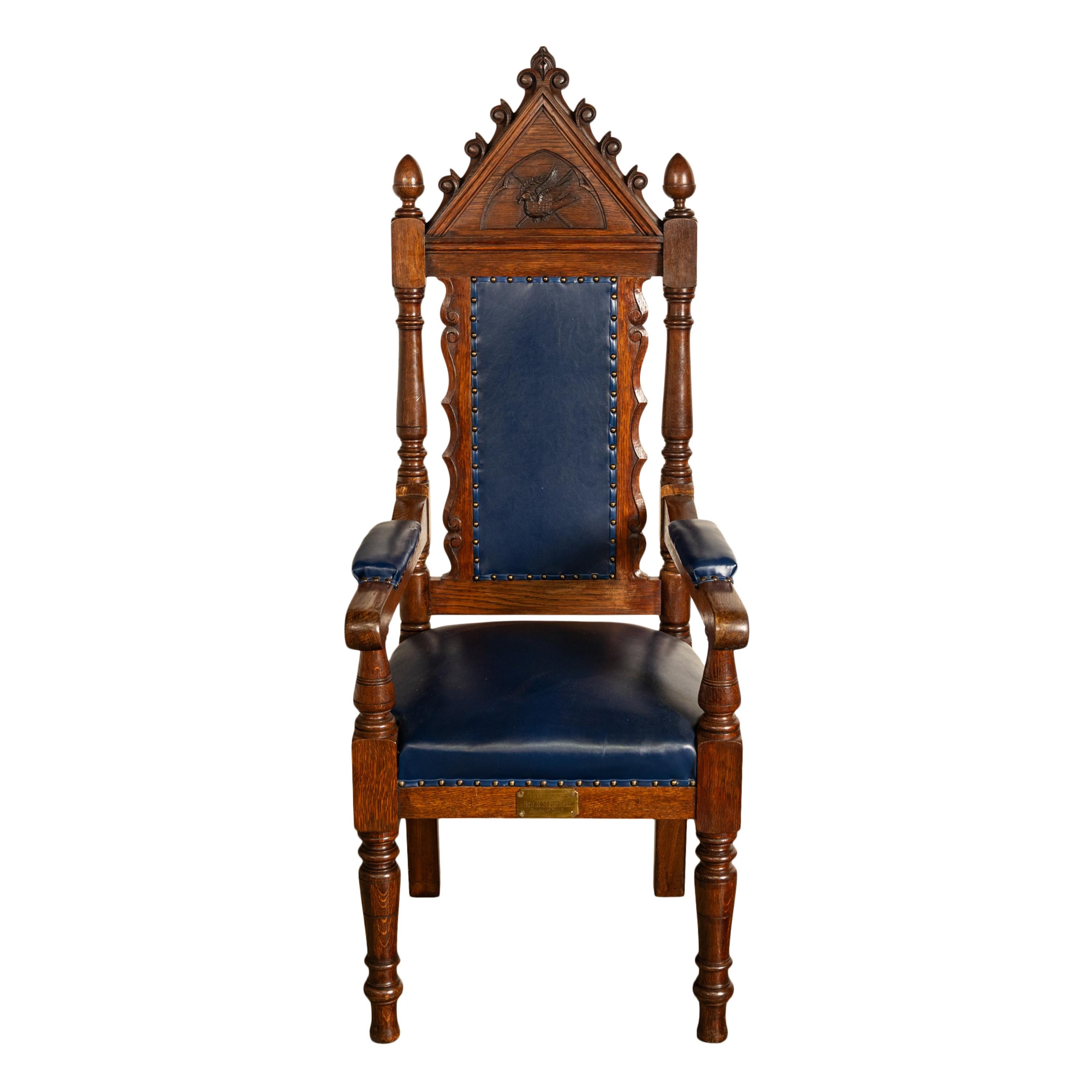 Antique Set of 5 Gothic Revival Irish Masonic Oak & Leather Throne Chairs 1900 For Sale 8