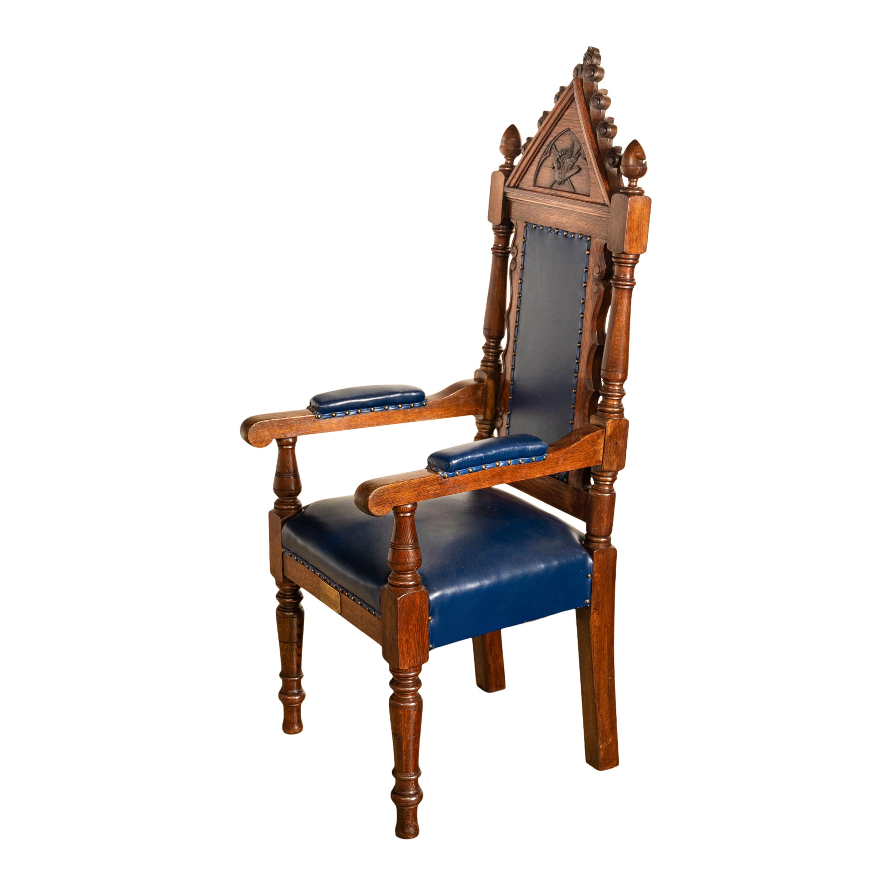 Antique Set of 5 Gothic Revival Irish Masonic Oak & Leather Throne Chairs 1900 10