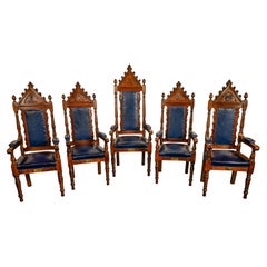 Antique Set of 5 Gothic Revival Irish Masonic Oak & Leather Throne Chairs 1900
