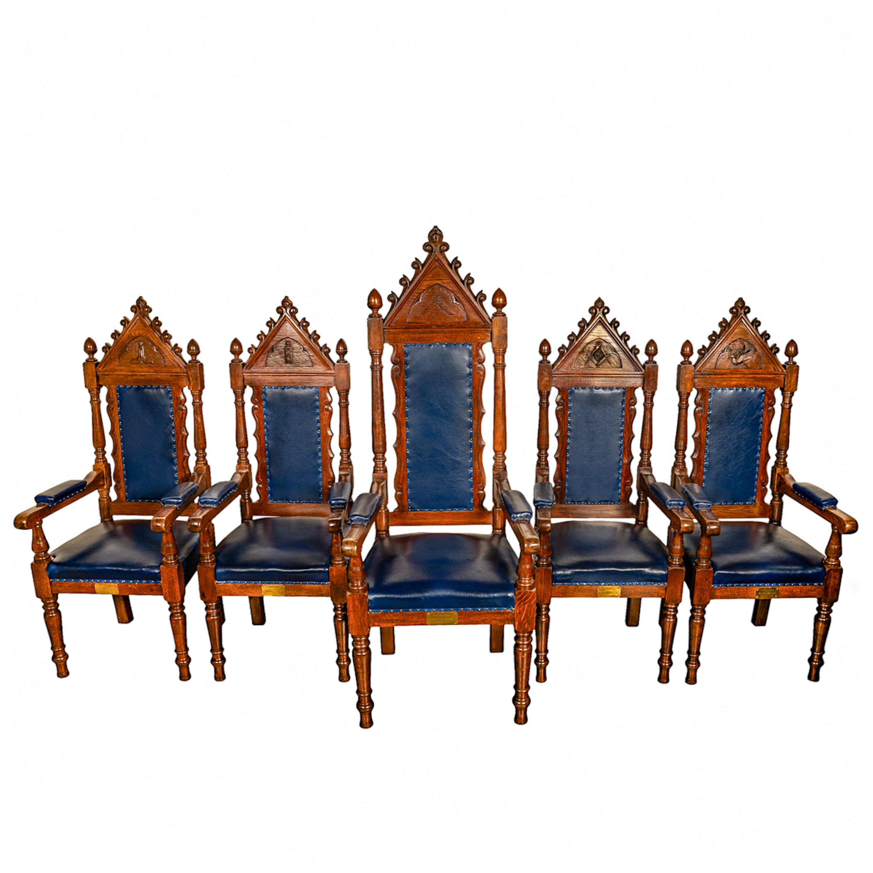 Antique Set of 5 Gothic Revival Irish Masonic Oak & Leather Throne Chairs 1900 For Sale