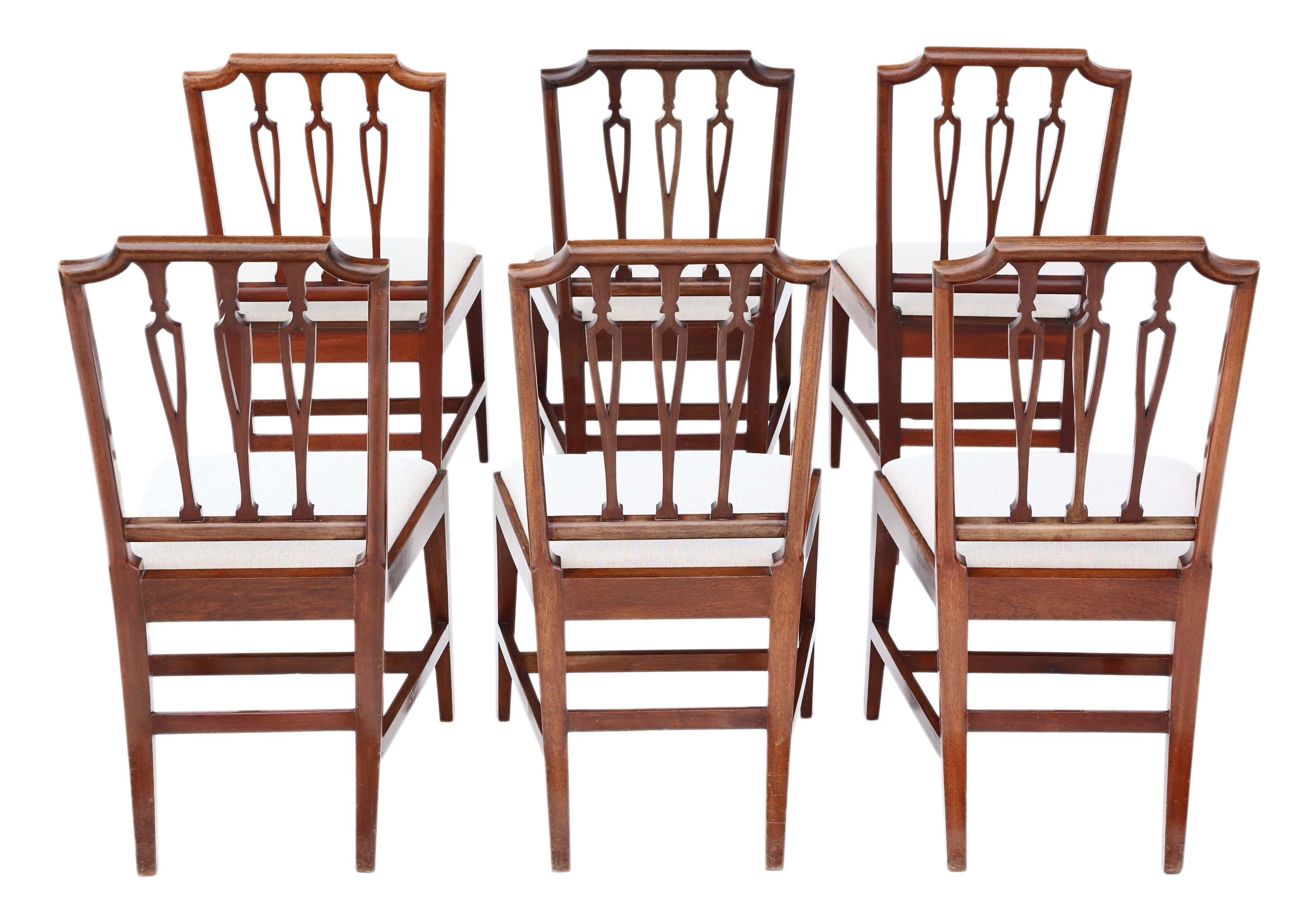 Antique fine quality set of 6 19th century mahogany dining chairs.

No loose joints and no woodworm.

New upholstery in a natural linen fine oatmeal fabric.

Overall maximum dimensions:

Chair 51cm W x 51cm D x 94cm H (45cm H seat when sat