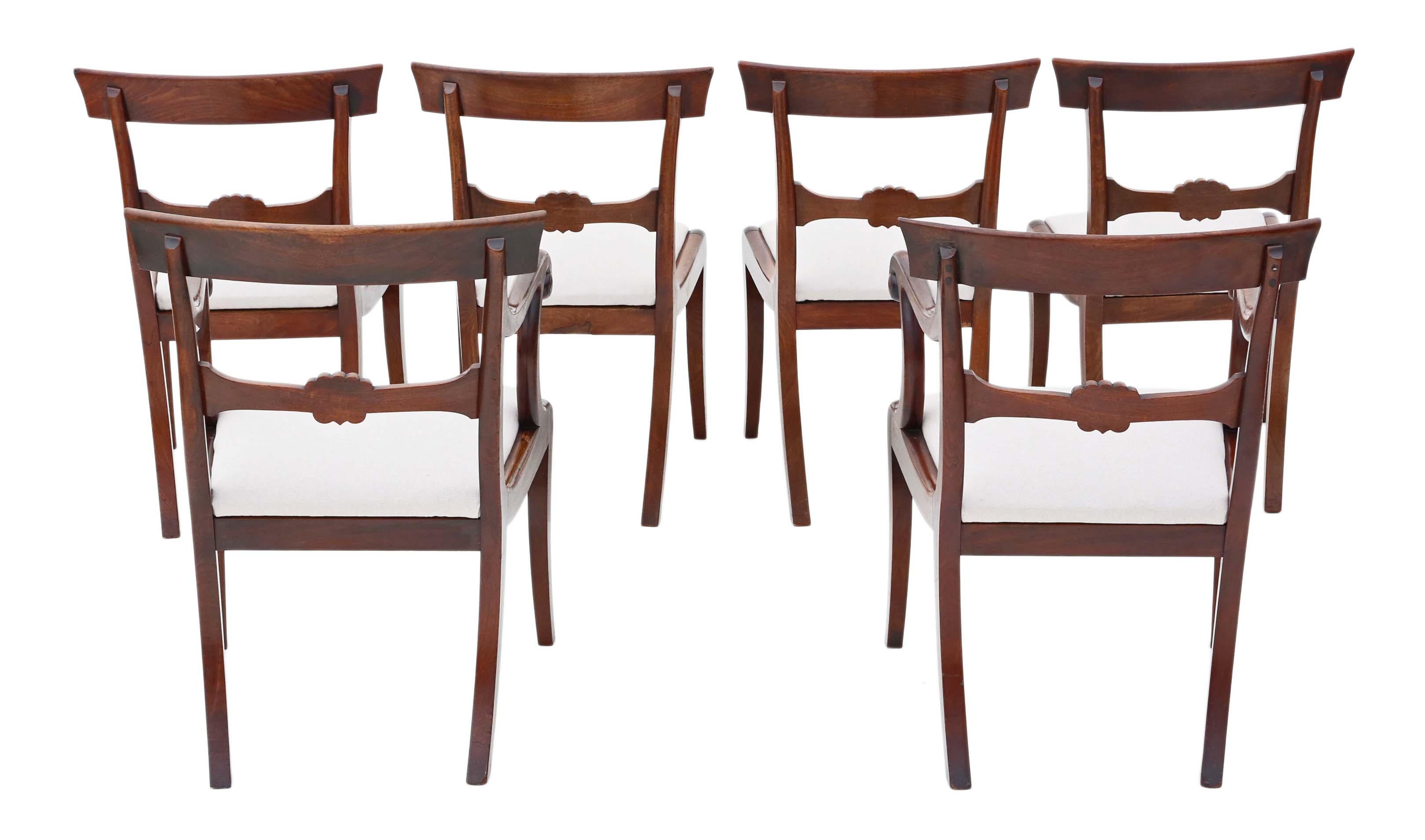 Antique fine quality set of 6 (4 +2) Regency Cuban mahogany dining chairs 19th Century C1825.

A rare find and a bit special.

No loose joints.
New professional upholstery.

Overall maximum dimensions:

Chair 50cmW x 52cmD x 81cmH (43cmH seat when