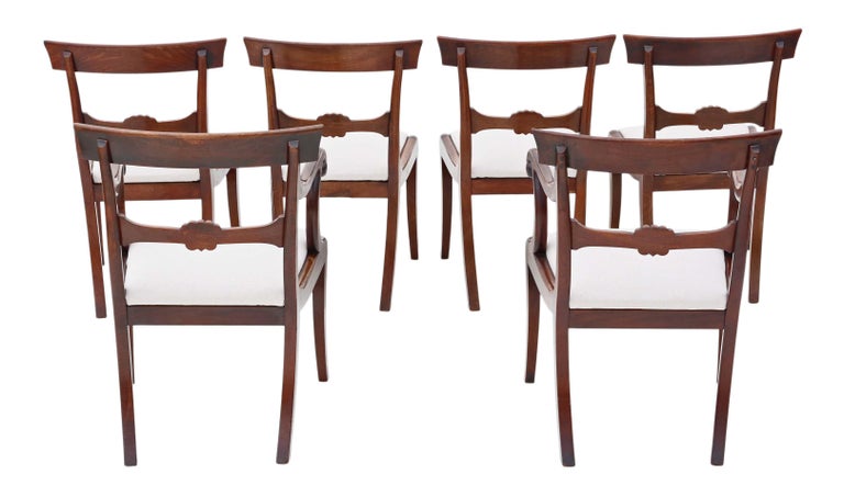 Antique fine quality set of 6 (4 +2) Regency Cuban mahogany dining chairs 19th Century C1825.

A rare find and a bit special.

No loose joints or woodworm.

New professional upholstery.

Overall maximum dimensions:

Chair 50cm W x 52cm D x